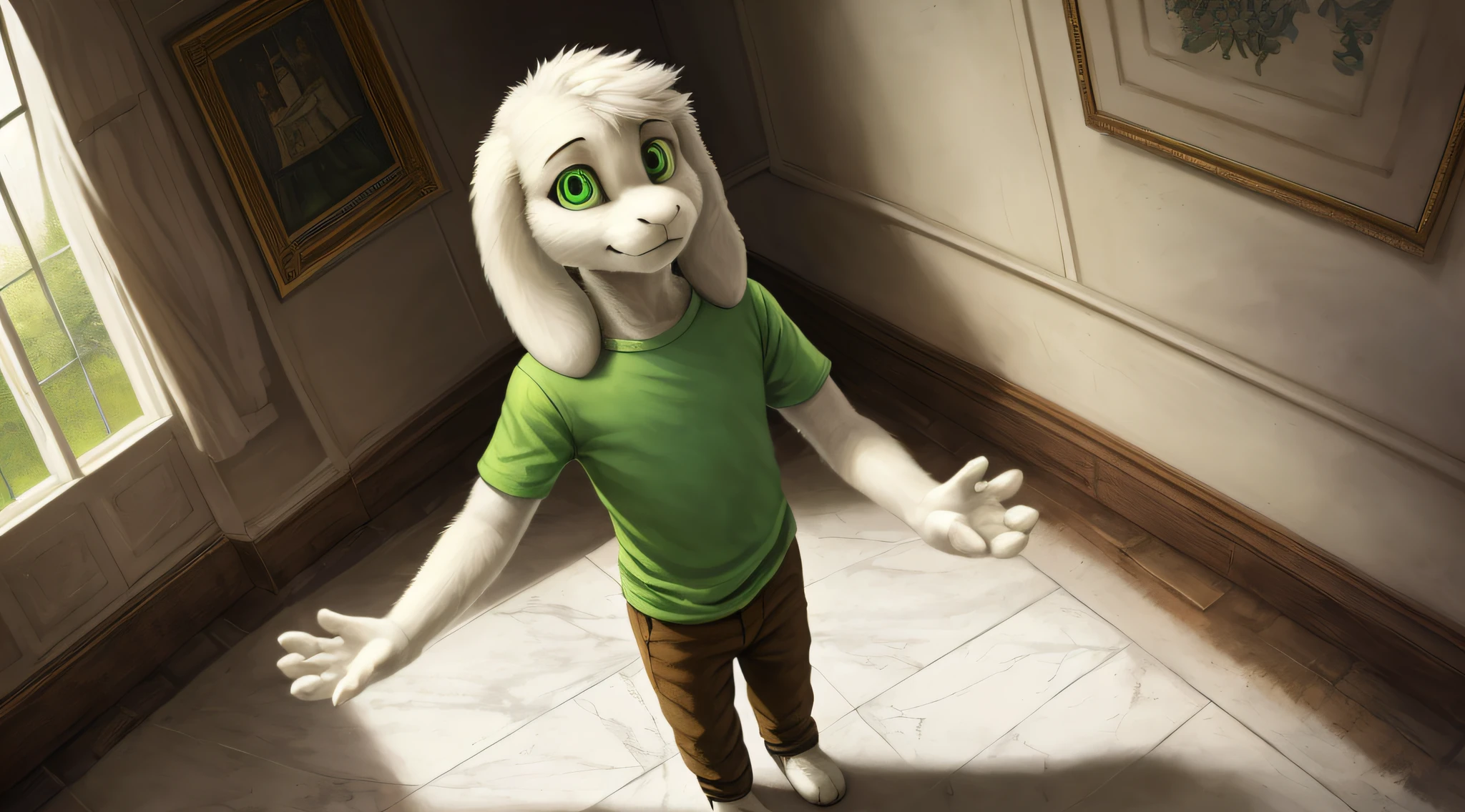 1boy,(( )), t-shirt, pants, solo, ???, teen, lavender, water roads, inside a beautiful ivory town, hanging lavender, town square, alleys and waterways, white marble, compact, artistically dramatic composition, above, bridges, (green-yellow striped t-shirt, brown pants), (best quality, ultra-detailed, best illustration, masterpiece, high res, professional artwork, famous artwork), realistic paint, (insane detailed eyes, green shine eyes), white fur, detailed realistic painting, male, detailed white fur, asriel, portrait, detailed hands, shaded, four fingers, insane details, looking forward, cartoon, cute