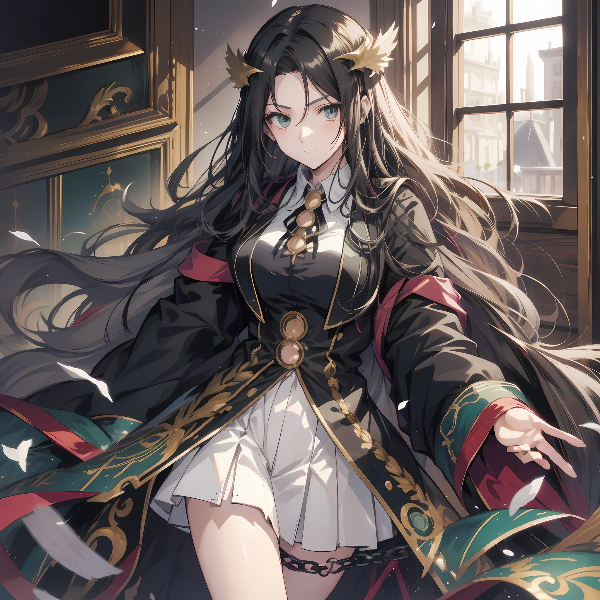 16 years old Anime girl, long raven hair, slightly wavy hair, parted bangs, Magus, green eyes, long black coat, white shirt, black skirt, aristocrat, noble attire, beautiful, ethereal