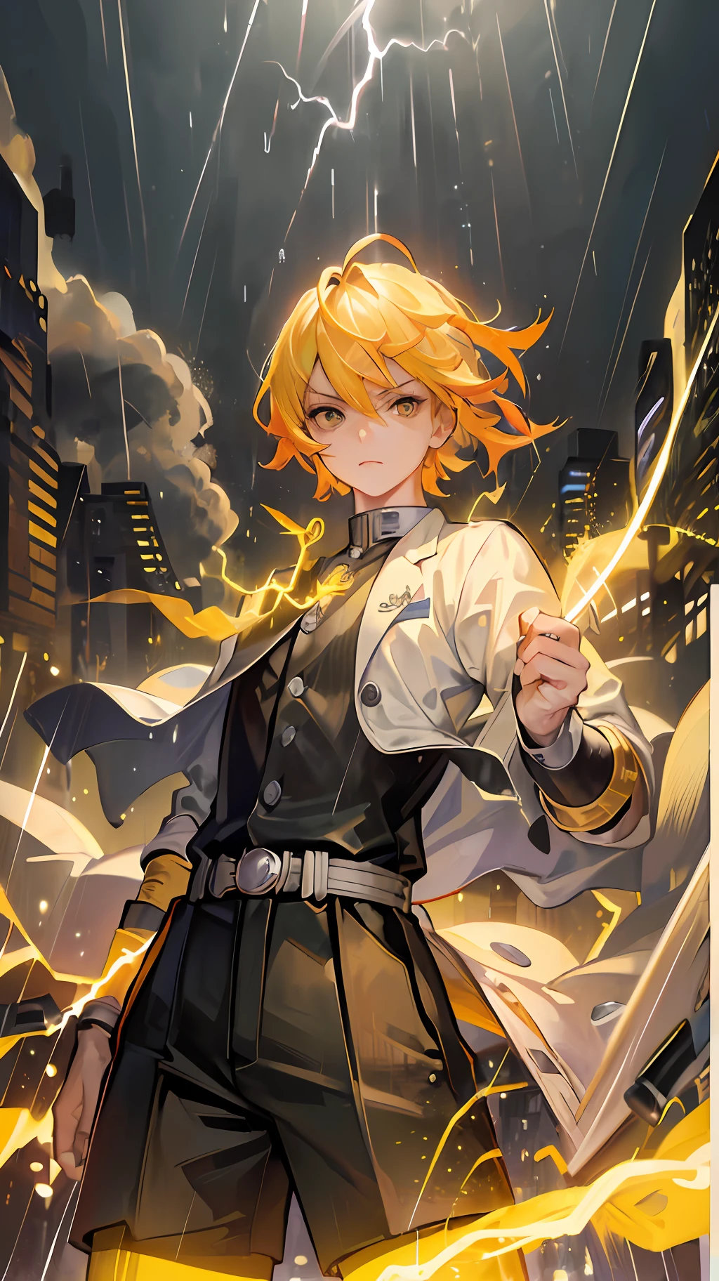 (((masterpiece))),((best quality)),((((city))),detailed,1boy,solo,victorious posture,yellow hair, holding katana,night,whole body,fog, thunder,(rain),((electricity)))), katana, holding the sword, ultra detailed face