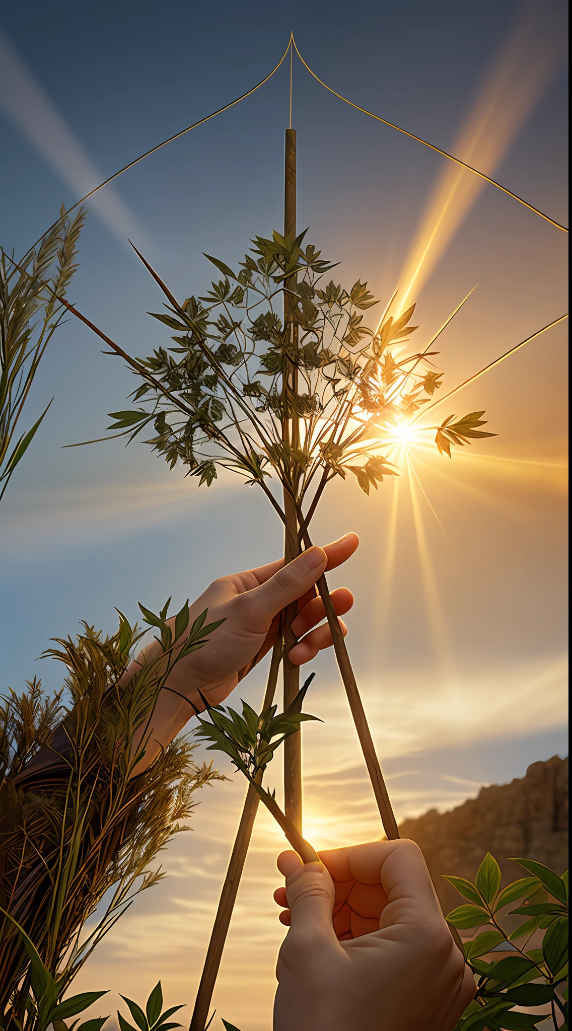 ace of sticks, tarot. the hand of God, shrouded in rays, holding a staff with ten small leaves, in the clear sky, realistic, photographic, realistic, photorealistic, 4k, highly detailed and intricate details, 8k