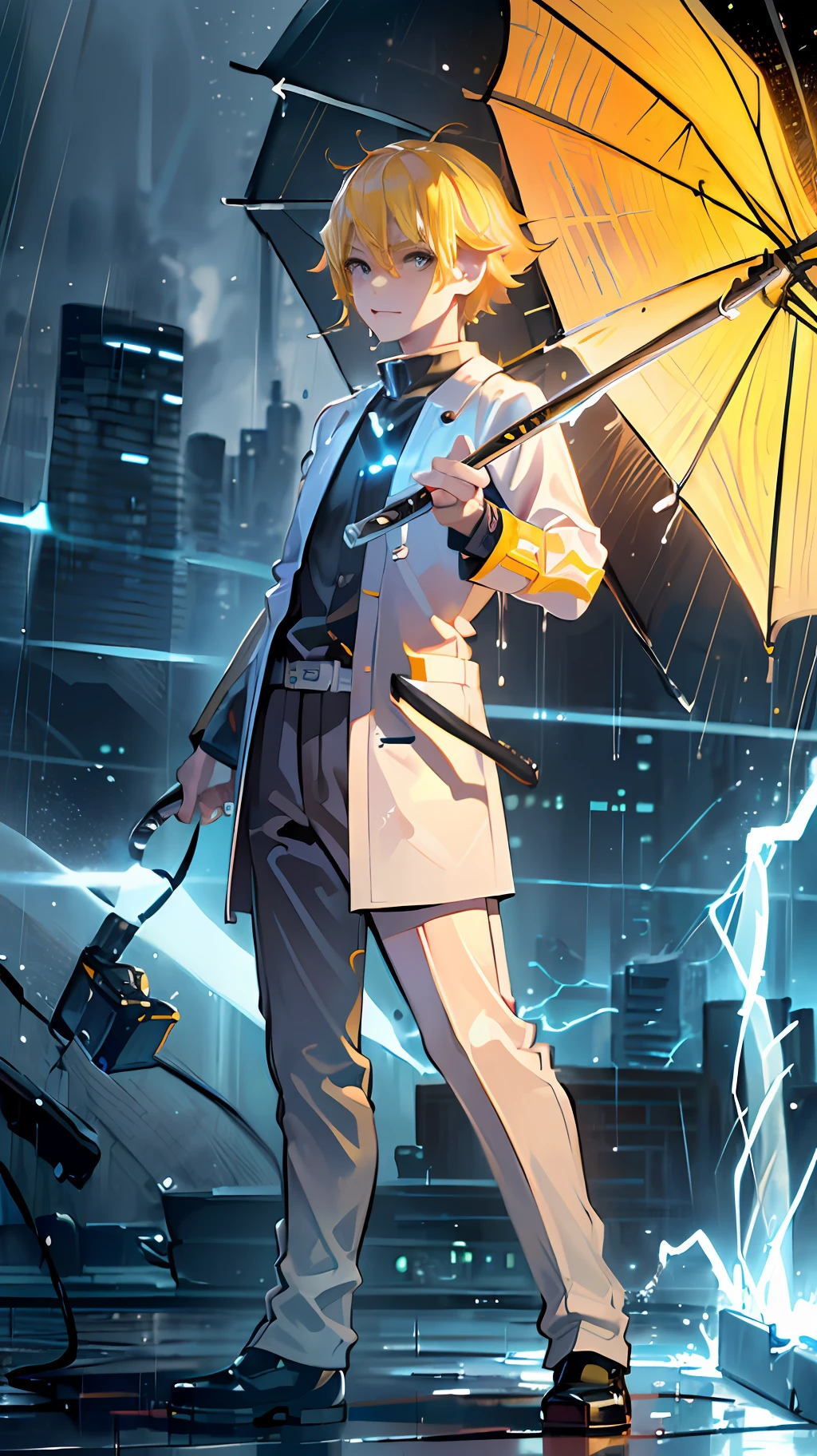 (((masterpiece))),((best quality)),((((city))),detailed,1boy,solo,victorious posture,yellow hair, holding katana,night,whole body,fog, thunder,(rain),((electricity)))), katana, holding the sword, ultra detailed face