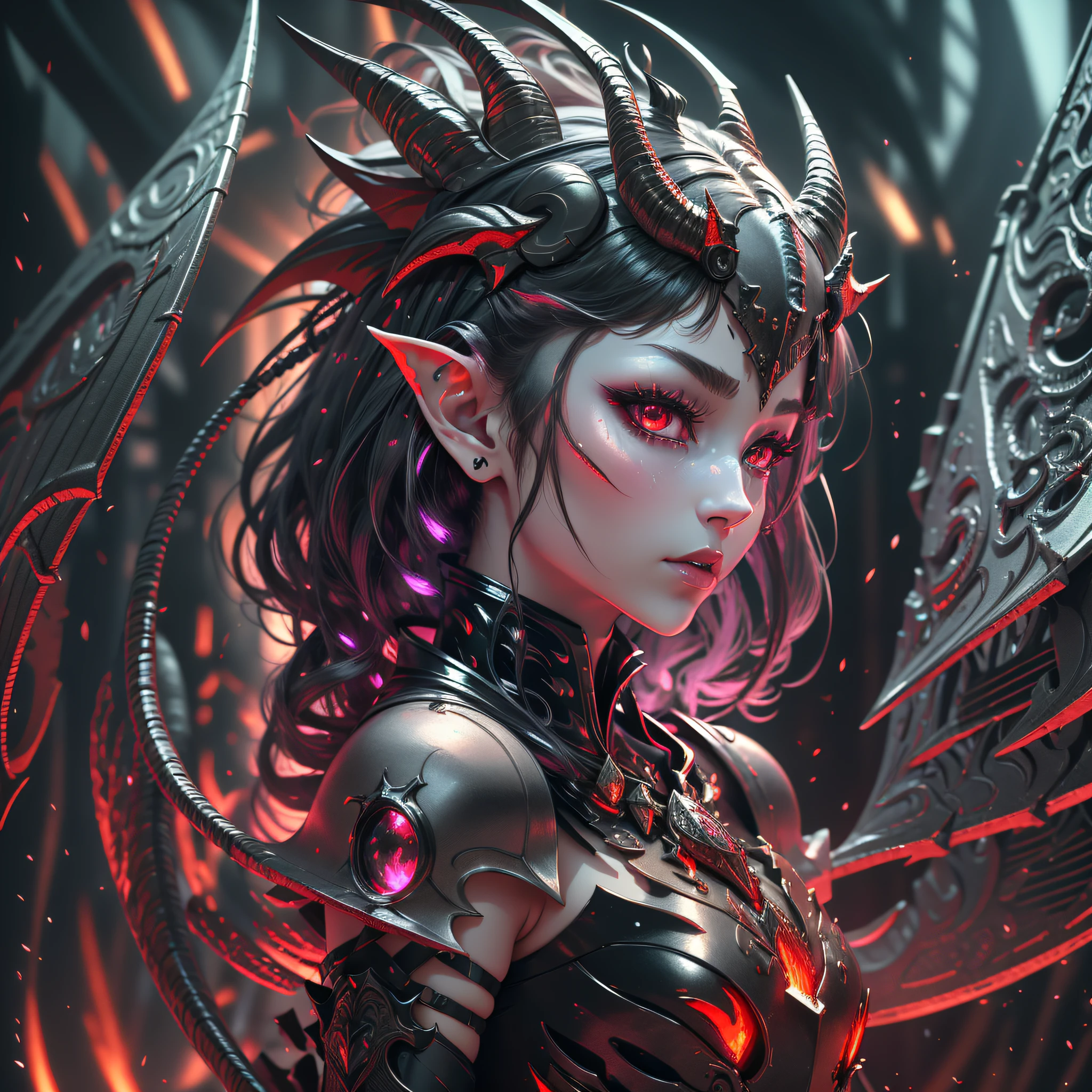 8k, ultra hd, 3d, fantasy, total dark eyes, demon character, female character, grimes neofantasy anime gene CRISPR, small wings, ethereal, elegant armor, oil dark bubbles, black red evil dragons in background, dark black crown, caos scenary --auto --s2