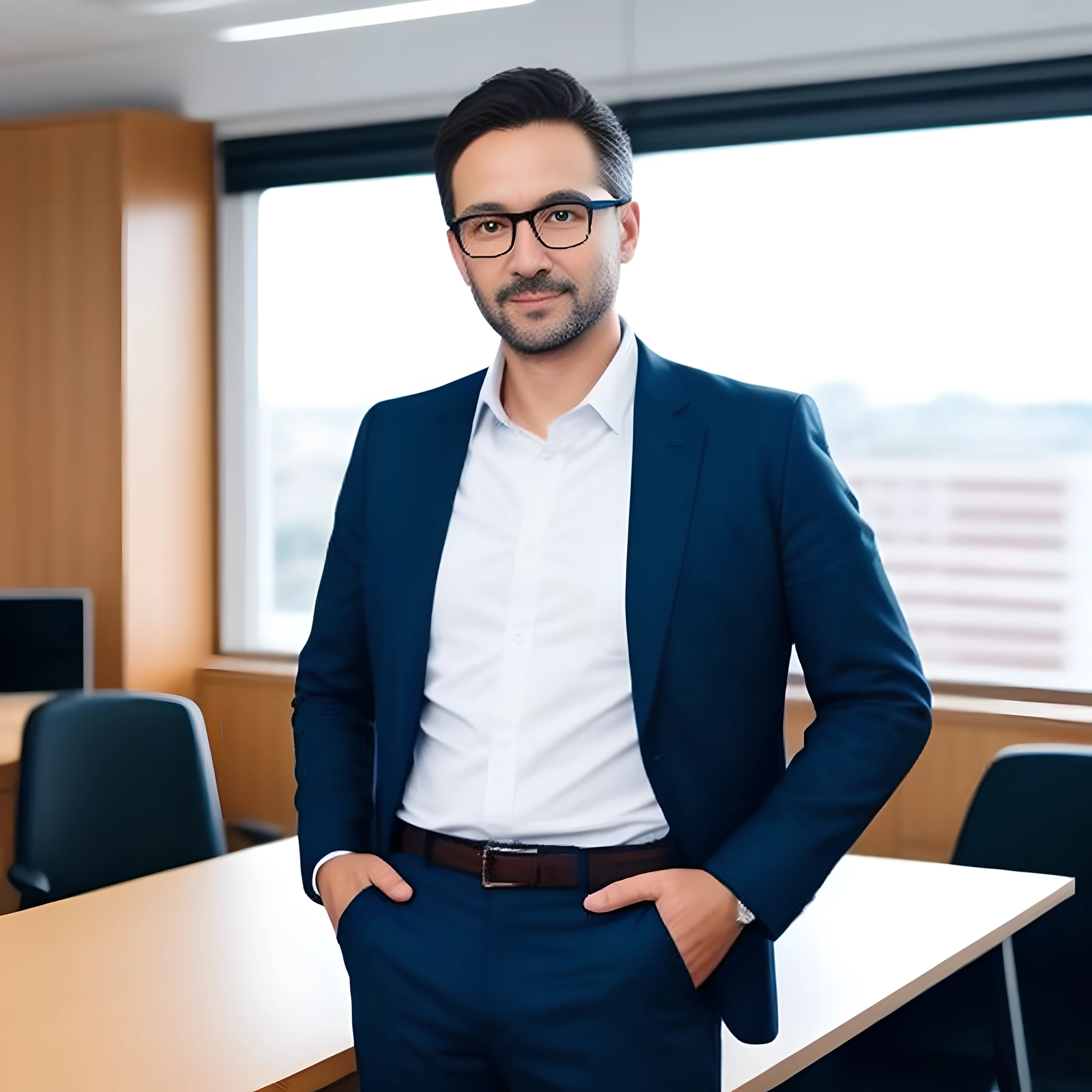 a man in a suit standing in front of a desk, corporate portrait, corporate portait, raphael personnaz, mid shot portrait, in the background, professional corporate portrait, kai vermehr, professional image, enes dirig, ceo, portait image, daniel richter, corporate photo, reddit post, by Mathias Kollros, wearing a suit and glasses