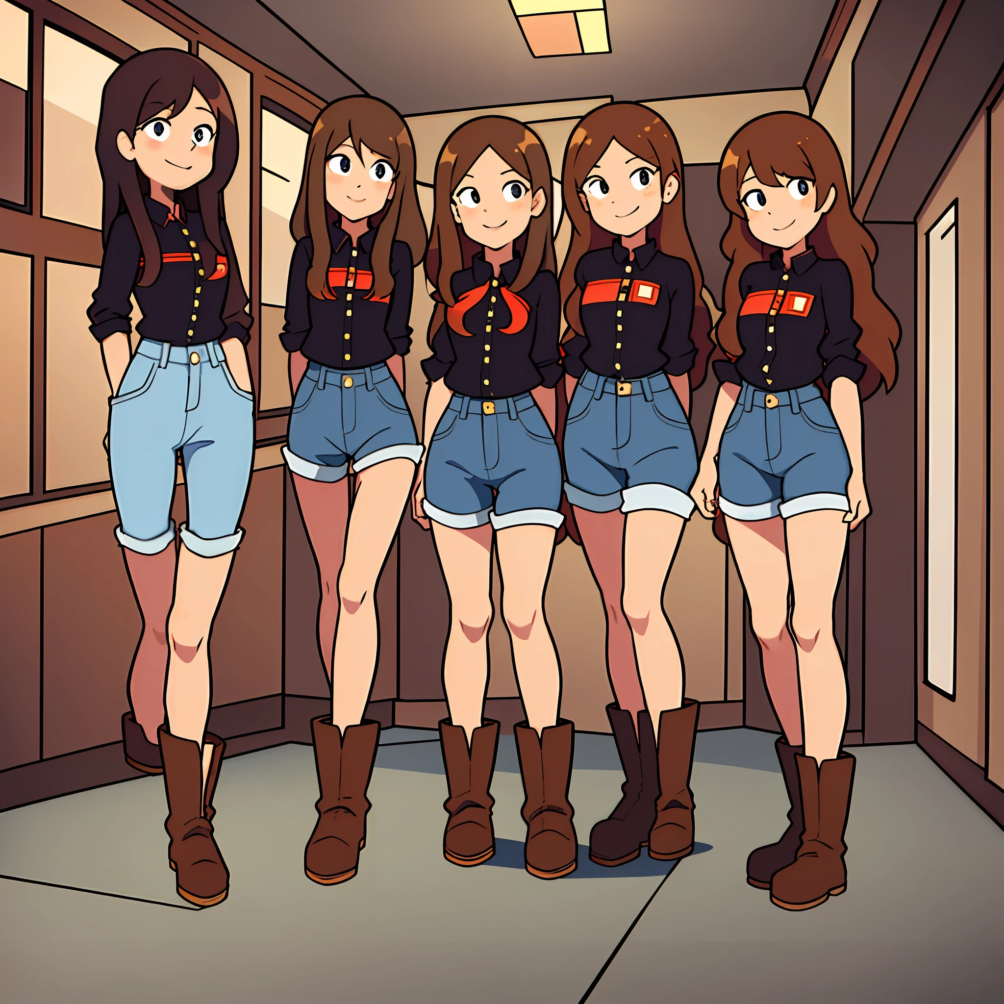 perfect anime illustration, multiple girls, clones, identical sisters, brown hair, curly hair, long hair, matching hairstyle, hazel eyes, smiling, casual outfits, red button up shirt, jeans, boots, matching outfits, highres, bedroom, full body, bare legs, neat rows of sisters, neat columns of sisters, sisters standing in formation, sisters in background