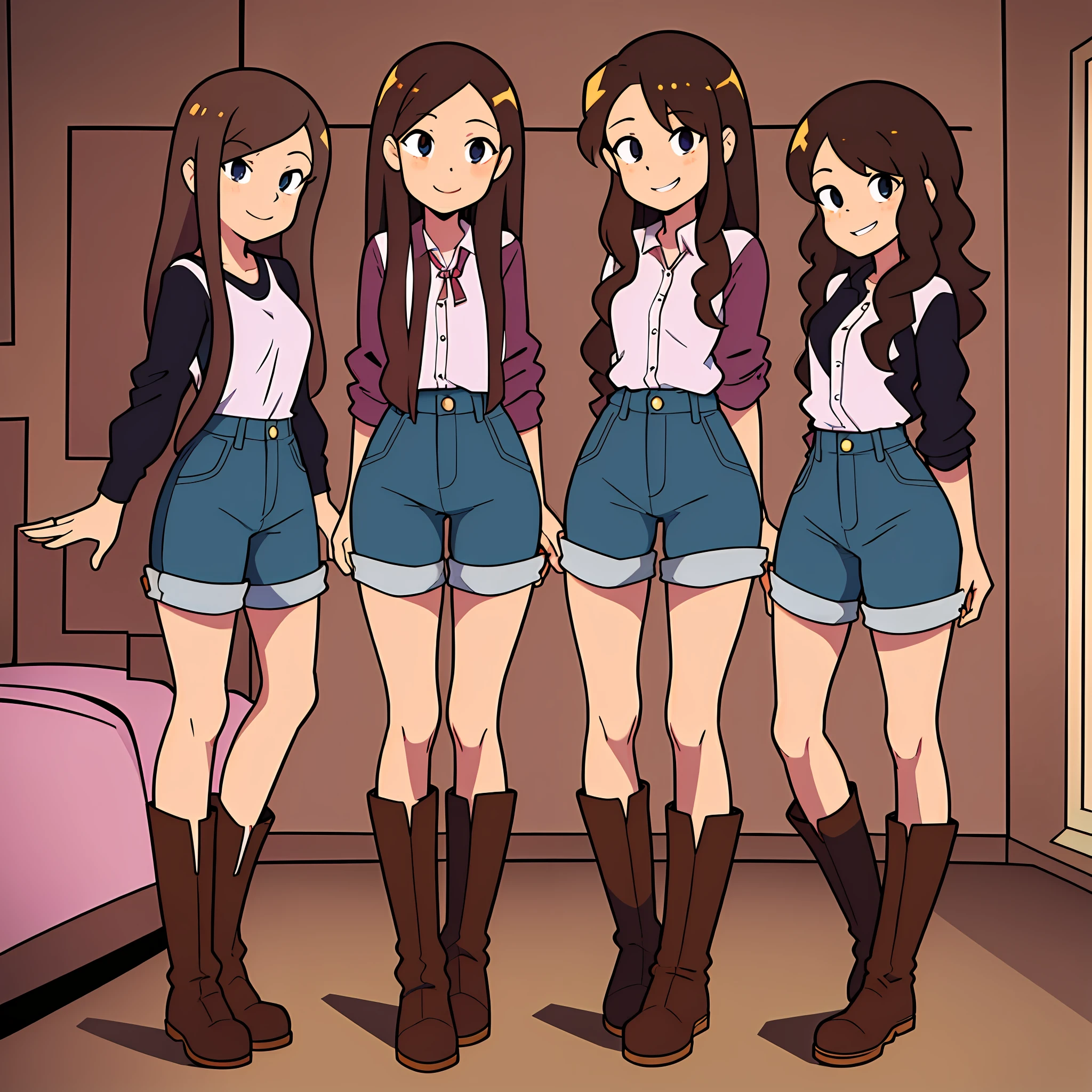 perfect anime illustration, multiple girls, clones, identical sisters, brown hair, curly hair, long hair, matching hairstyle, hazel eyes, smiling, casual outfits, red button up shirt, jeans, boots, matching outfits, highres, bedroom, full body, bare legs, neat rows of sisters, neat columns of sisters, sisters standing in formation, sisters in background