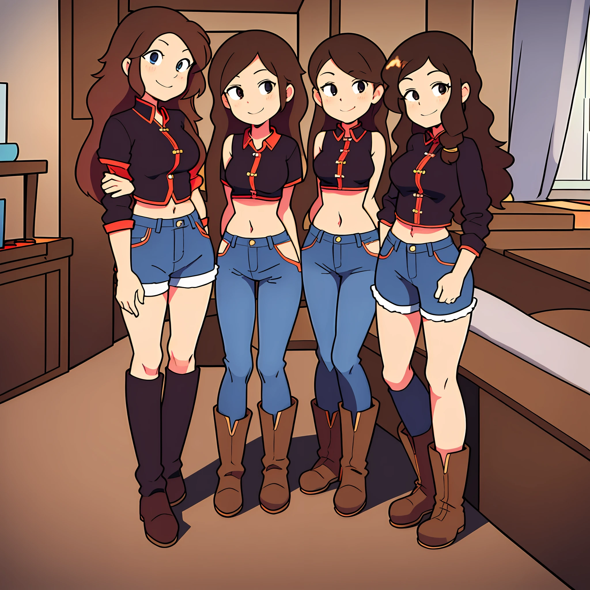 perfect anime illustration, multiple girls, clones, identical sisters, brown hair, curly hair, long hair, matching hairstyle, hazel eyes, smiling, casual outfits, red button up shirt, jeans, boots, matching outfits, highres, bedroom, full body, bare legs, neat rows of sisters, neat columns of sisters, sisters standing in formation, sisters in background
