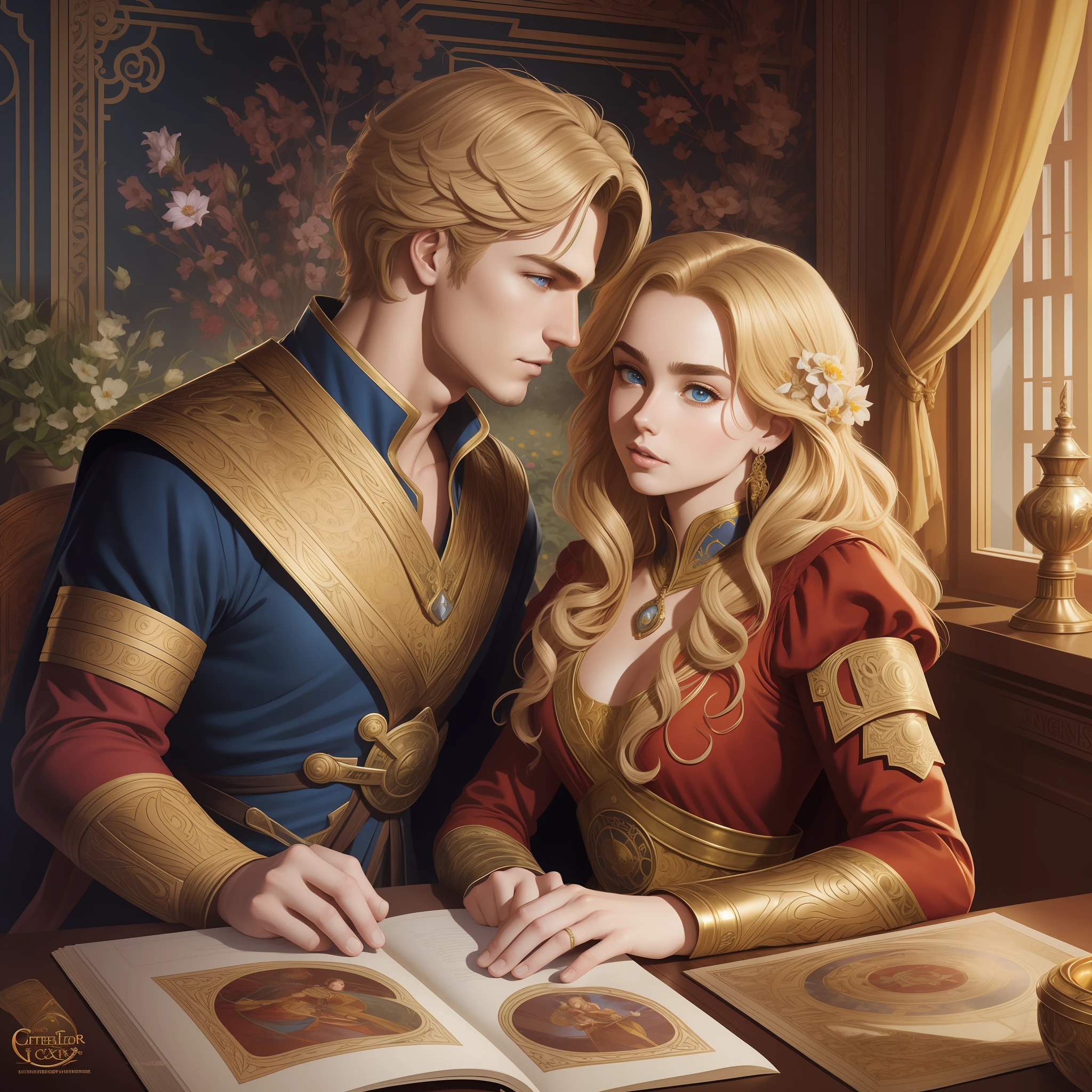 Two people 1 Neels Visser is a prince who has golden blonde hair, wears a medieval military outfit and is in love with the commoner 2 Lily Collins, who has curly black hair and wears a red dress, the two kiss very affectionately, illustration of a romance book cover with a detailed, smooth, bright background full of flowers, art by Greg Hildebrandt, Citemer Liu, Stjepan Sejic, Samyang, Aykut Aydogdu, Justin Gerard, Alphonse Mucha, Artgerm, WLOP and Greg Rutkowski