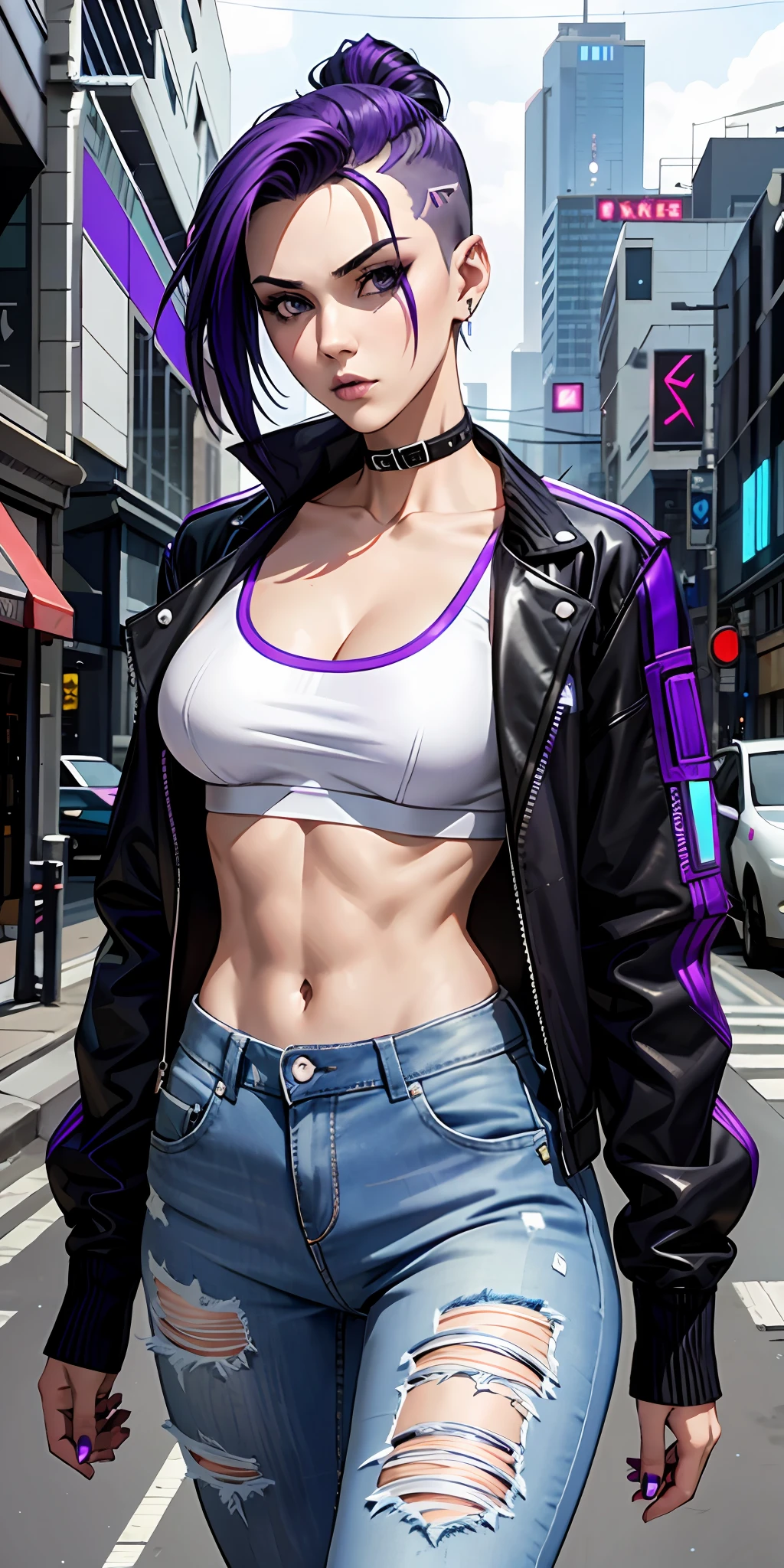 adult, gothic, girl face, seductive face, provocative look, hair: undercut, cyberpunk, blue and purple hair, perfect body, fit body, white shirt, jacket: black, jeans, muscular, background: street,