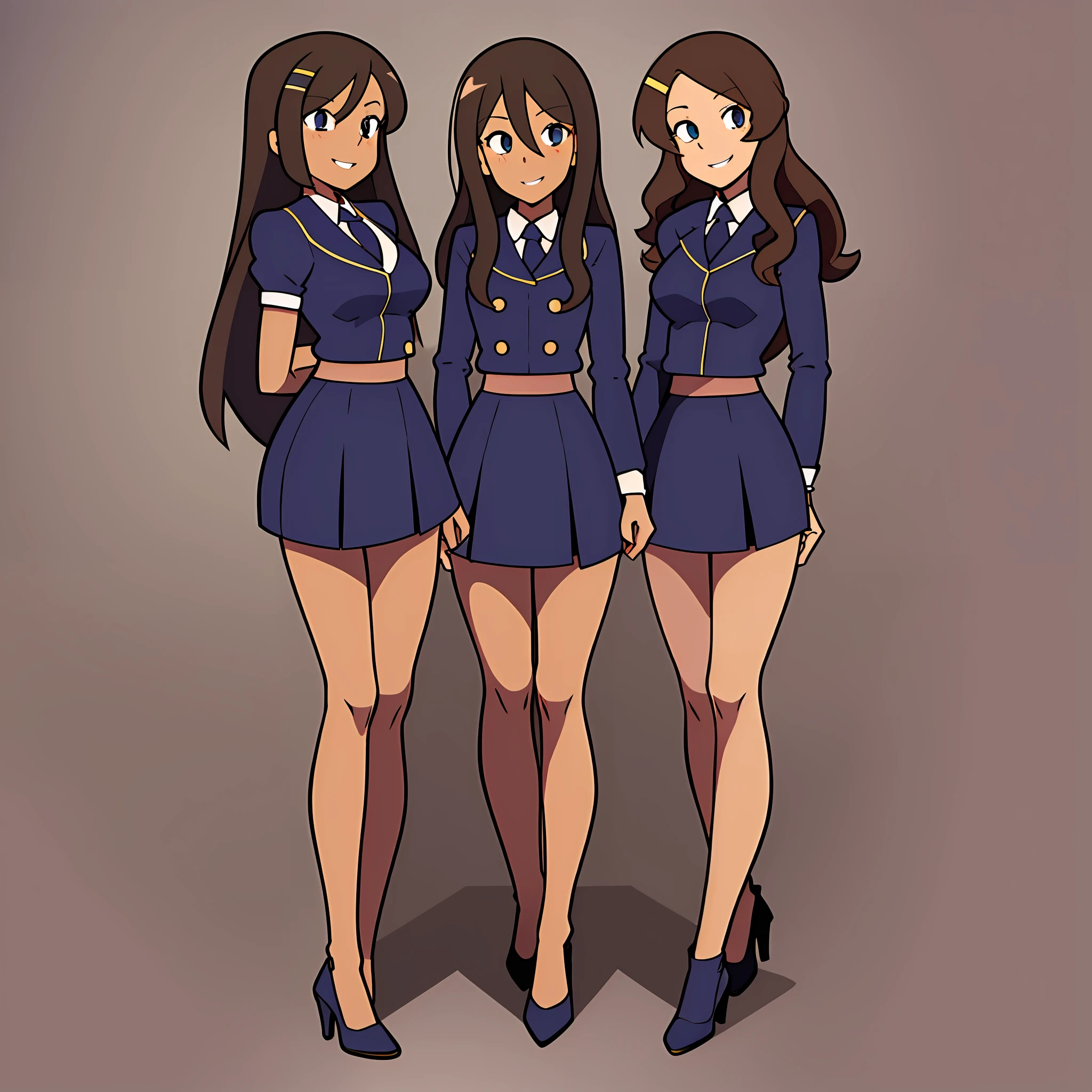 perfect anime illustration, multiple girls, clones, identical sisters, brown hair, curly hair, long hair, matching hairstyle, hazel eyes, smiling, blue skirt suit, pencil skirt, black high heels, matching outfits, highres, bedroom, full body, bare legs, neat rows of sisters, neat columns of sisters, sisters standing in formation, sisters in background