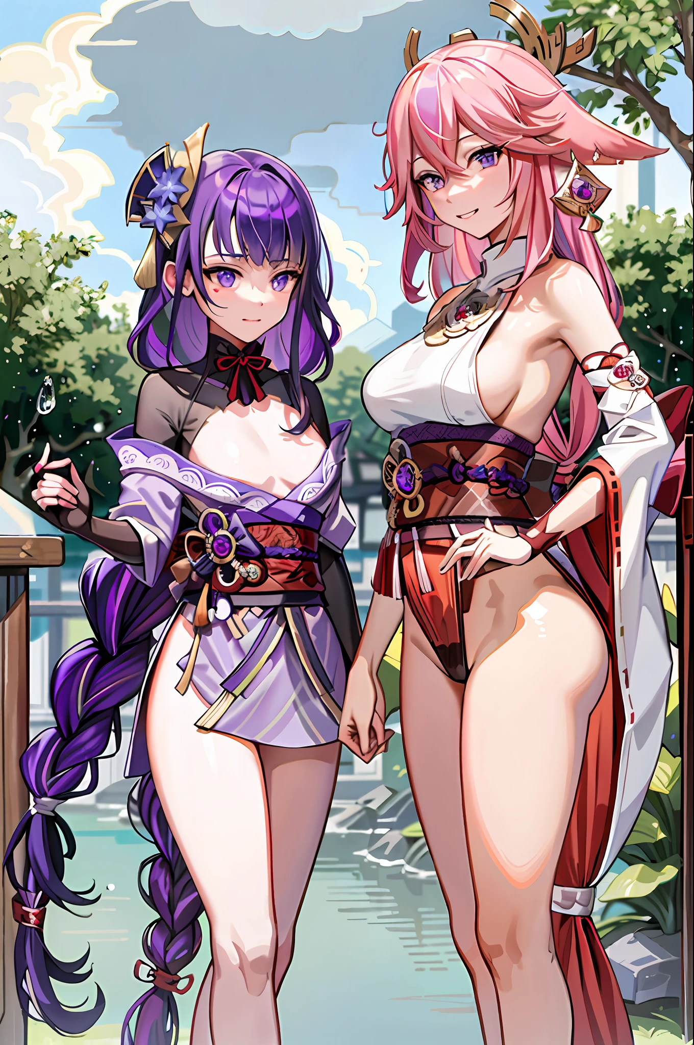 masterpiece, best quality,multiple girls, yae miko, raiden shogun, rain, red sky, (flat breasts:1.4), long hair, purple kimono, fox ears, kimono, thin figure,smile