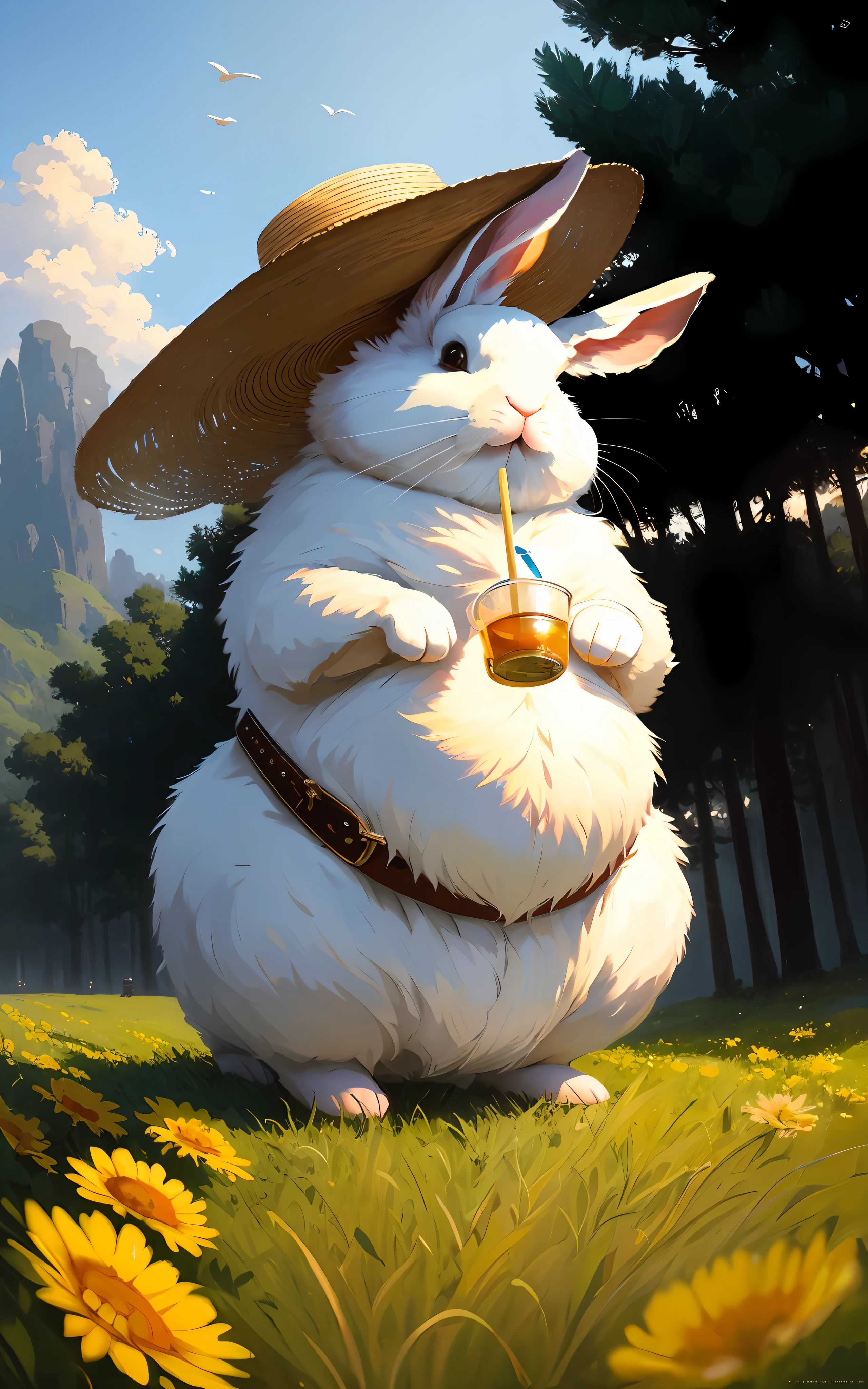 (extremely detailed CG unity 8k wallpaper), full shot photo of the most beautiful artwork of a fat bunny wearing a straw hat, green meadow, sunny day, optimism, professional majestic oil painting by Ed Blinkey, Atey Ghailan, Studio Ghibli, by Jeremy Mann, Greg Manchess, Antonio Moro, trending on ArtStation, trending on CGSociety, Intricate, High Detail, Sharp focus, dramatic, photorealistic painting art by midjourney and greg rutkowski