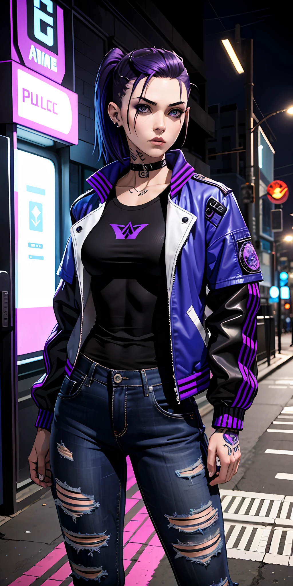 adult, gothic, girl face, serious face, provocative look, hair: undercut, cyberpunk, tattoo, blue and purple hair, perfect body, fit body, white shirt, jacket: black, jeans, muscular, background: street,