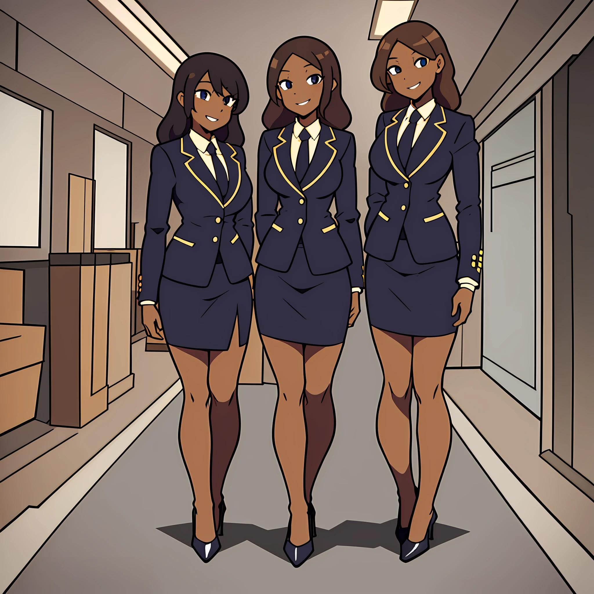 perfect anime illustration, multiple girls, clones, identical sisters, brown hair, curly hair, long hair, matching hairstyle, hazel eyes, smiling, business attire, blue skirt suit, pencil skirt, black high heels, matching outfits, businesswomen, highres, office, full body, bare legs, neat rows of sisters, neat columns of sisters, sisters standing in formation, sisters in background