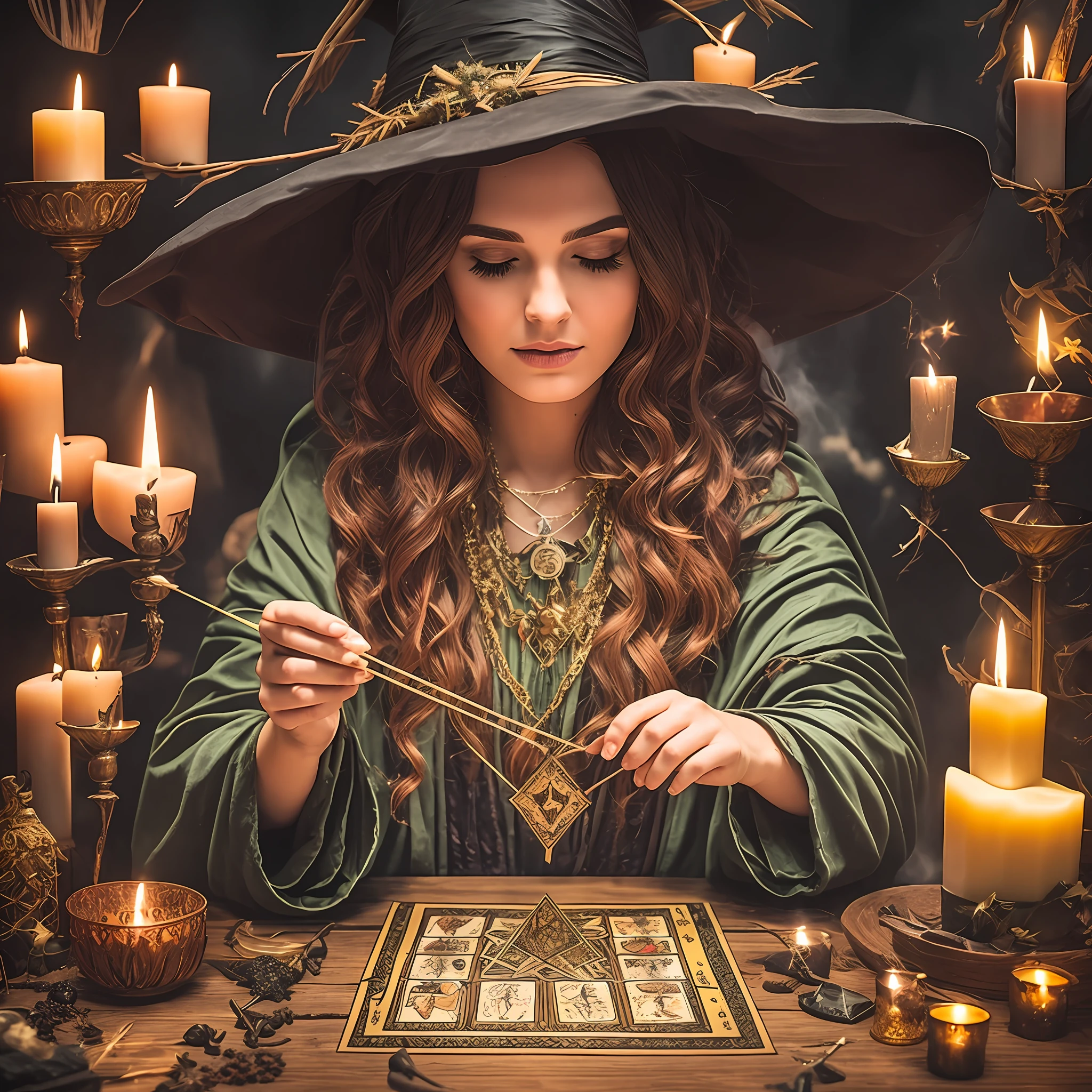 Witch making Magic, candles, magical, 8k, tarot cards,crystals