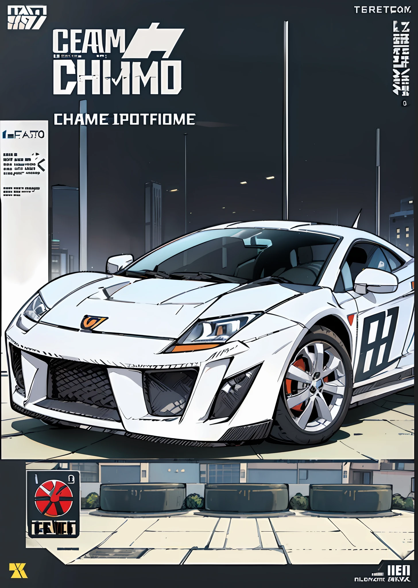 poster, (((auto gallardo, statue, text, chrome, logos, logos, logos in chrome))