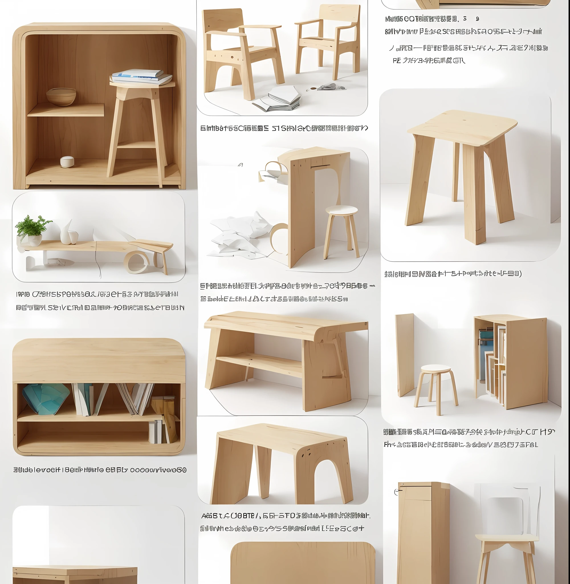 (Top Quality, 8k, Masterpiece: 1.3, Minimalistic, Studio Photo Setting, 1 image contain 8 iterations. 8 style of designs in 1 pic, Ultra crisp clear, Ultra super Refined, Unique Wooden Furniture, , White Background: Flat, No Wrinkles, No Shadows, Artwork: Center, Horizontal, Distance and Angle Adjustment, Lighting: Uniform, Accurate, No Overexposure or Reflection, Camera: Low ISO, F8-F11 Aperture, 1/60-1/125 Shutter Speed, Auto or White Balance, Very minimal and simple settings. With a minimalist style, it often surprises and delights viewers. I believe that it makes every day very interesting and rich. That's why designs that evoke these feelings observe everyday objects and situations with curious and fresh eyes and try to find new ways to reinterpret or enhance. Using CNC cut out technique for being able to build furniture from flat pack or simple knock down style or easy to build and go style as an approach for designing to Generate the following series of furnitures containing Shelving unit, clothes hanger, Side Table, Cabinet, Light weight wooden 棚, Stools etc : The Stool is made of high-quality birch plywood, coated with veneer. The stool has most prominent features are elegance and durability. It’s easy to assemble&disassemble and transport.
