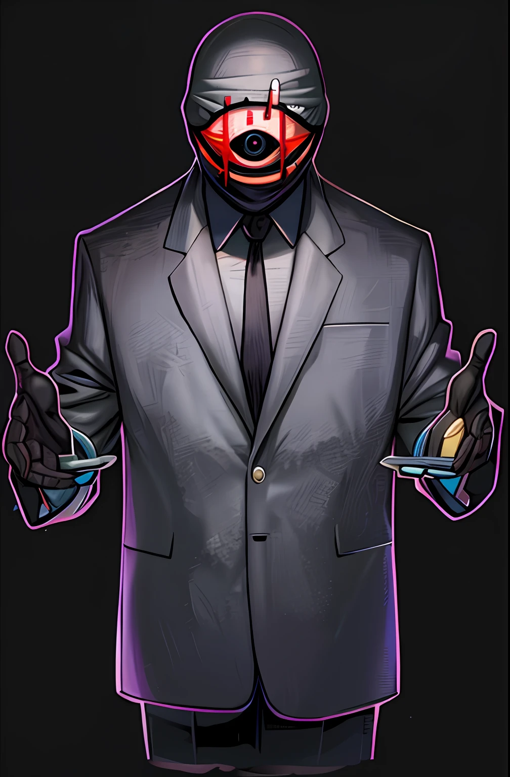 A closeup of a person in a suit and tie with a mask, the mask has the all-seeing eye, Twoface, Marvel's Tor, Eyeless Observer, Faceless twisted God, Wilson Fisk, he's wearing a suit, modern occultist, anthropomorphic _ humanoid, humanoid form, in strict suit, Joe Biden as a Jojo character