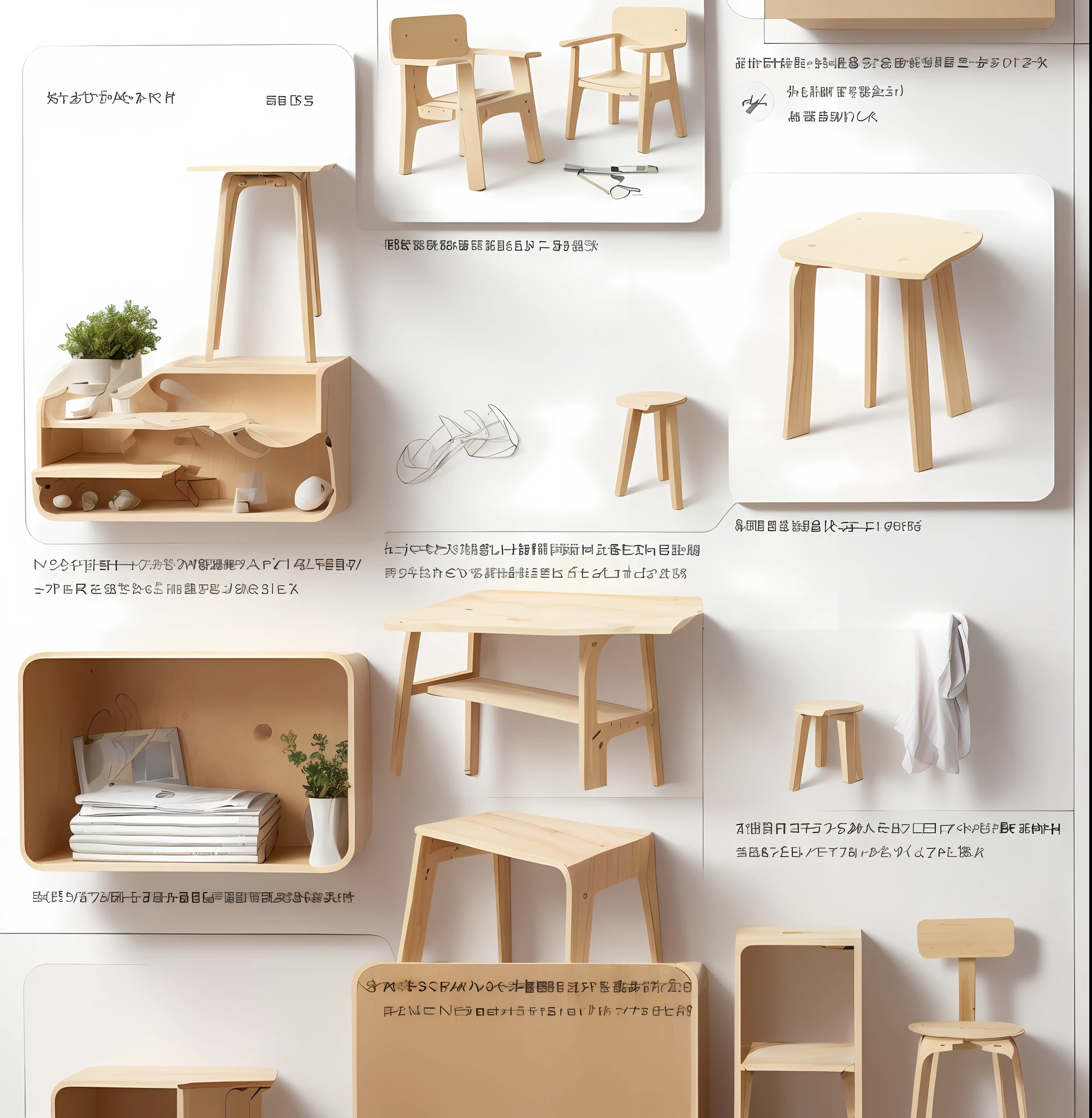 (Top Quality, 8k, Masterpiece: 1.3, Minimalistic, Studio Photo Setting, 1 image contain 8 iterations. 8 style of designs in 1 pic, Ultra crisp clear, Ultra super Refined, Unique Wooden Furniture, , White Background: Flat, No Wrinkles, No Shadows, Artwork: Center, Horizontal, Distance and Angle Adjustment, Lighting: Uniform, Accurate, No Overexposure or Reflection, Camera: Low ISO, F8-F11 Aperture, 1/60-1/125 Shutter Speed, Auto or White Balance, Very minimal and simple settings. With a minimalist style, it often surprises and delights viewers. I believe that it makes every day very interesting and rich. That's why designs that evoke these feelings observe everyday objects and situations with curious and fresh eyes and try to find new ways to reinterpret or enhance. Using CNC cut out technique for being able to build furniture from flat pack or simple knock down style or easy to build and go style as an approach for designing to Generate the following series of furnitures containing Shelving unit, clothes hanger, Side Table, Cabinet, Light weight wooden 棚, Stools etc : The Stool is made of high-quality birch plywood, coated with veneer. The stool has most prominent features are elegance and durability. It’s easy to assemble&disassemble and transport.