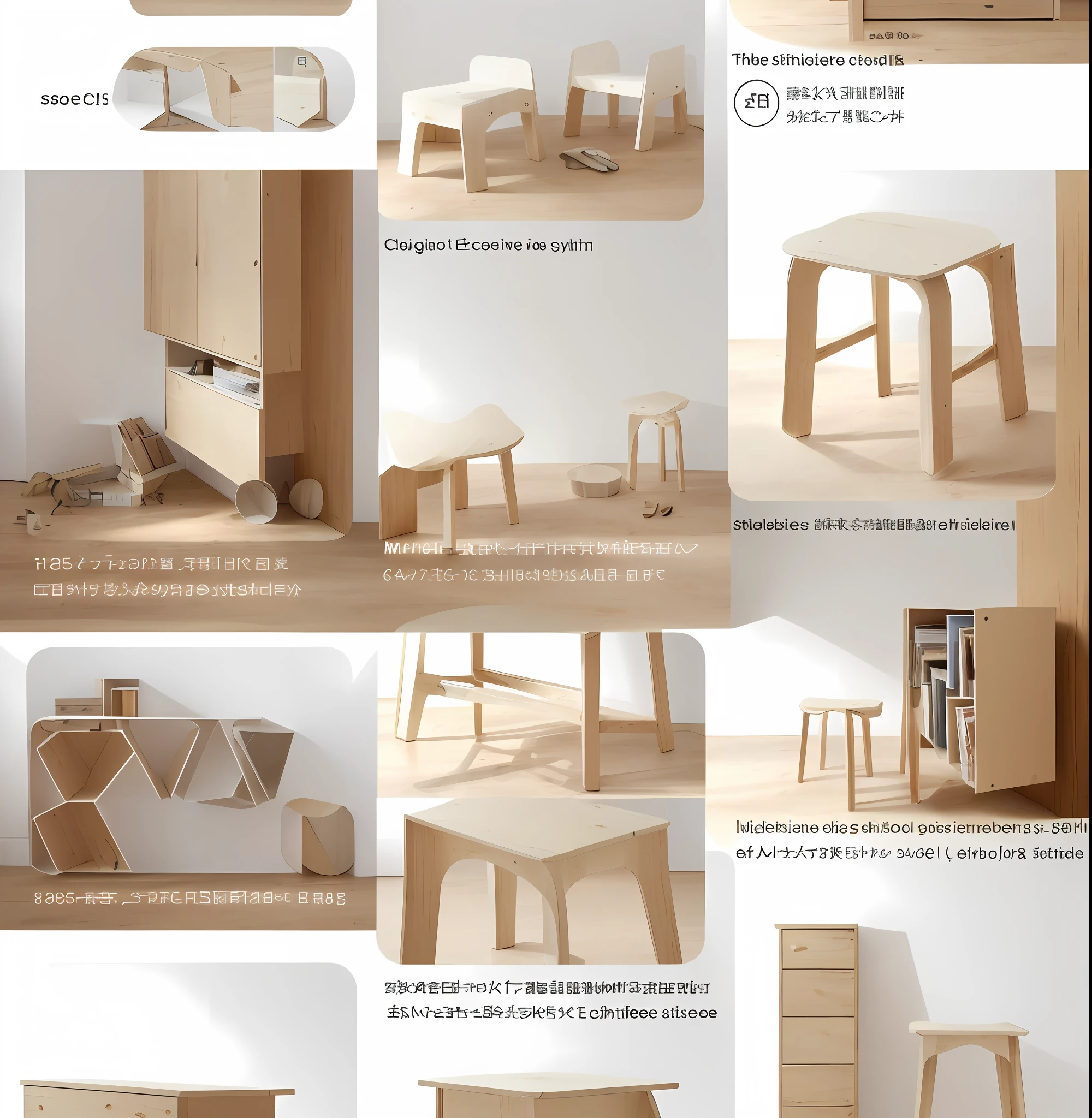 (Top Quality, 8k, Masterpiece: 1.3, Minimalistic, Studio Photo Setting, 1 image contain 8 iterations. 8 style of designs in 1 pic, Ultra crisp clear, Ultra super Refined, Unique Wooden Furniture, , White Background: Flat, No Wrinkles, No Shadows, Artwork: Center, Horizontal, Distance and Angle Adjustment, Lighting: Uniform, Accurate, No Overexposure or Reflection, Camera: Low ISO, F8-F11 Aperture, 1/60-1/125 Shutter Speed, Auto or White Balance, Very minimal and simple settings. With a minimalist style, it often surprises and delights viewers. I believe that it makes every day very interesting and rich. That's why designs that evoke these feelings observe everyday objects and situations with curious and fresh eyes and try to find new ways to reinterpret or enhance. Using CNC cut out technique for being able to build furniture from flat pack or simple knock down style or easy to build and go style as an approach for designing to Generate the following series of furnitures containing Shelving unit, clothes hanger, Side Table, Cabinet, Light weight wooden 棚, Stools etc : The Stool is made of high-quality birch plywood, coated with veneer. The stool has most prominent features are elegance and durability. It’s easy to assemble&disassemble and transport.
