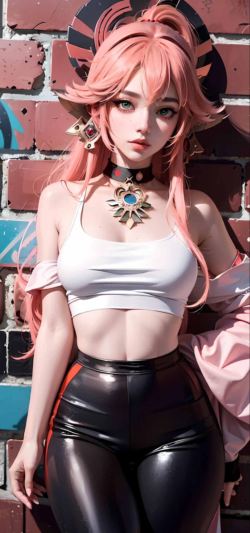 (Masterpiece, Excellent, 1girl, solo, complex details, color difference), realism, ((medium breath)), off-the-shoulder, Yae Miko, long pink hair, red headdress, red highlight, hair above one eye, green eyes, earrings, sharp eyes, perfectly symmetrical figure, choker, neon shirt, against the wall, brick wall, graffiti, dim lights, alley, looking at the audience, ((mean, seductive, charming)), yoga pants,