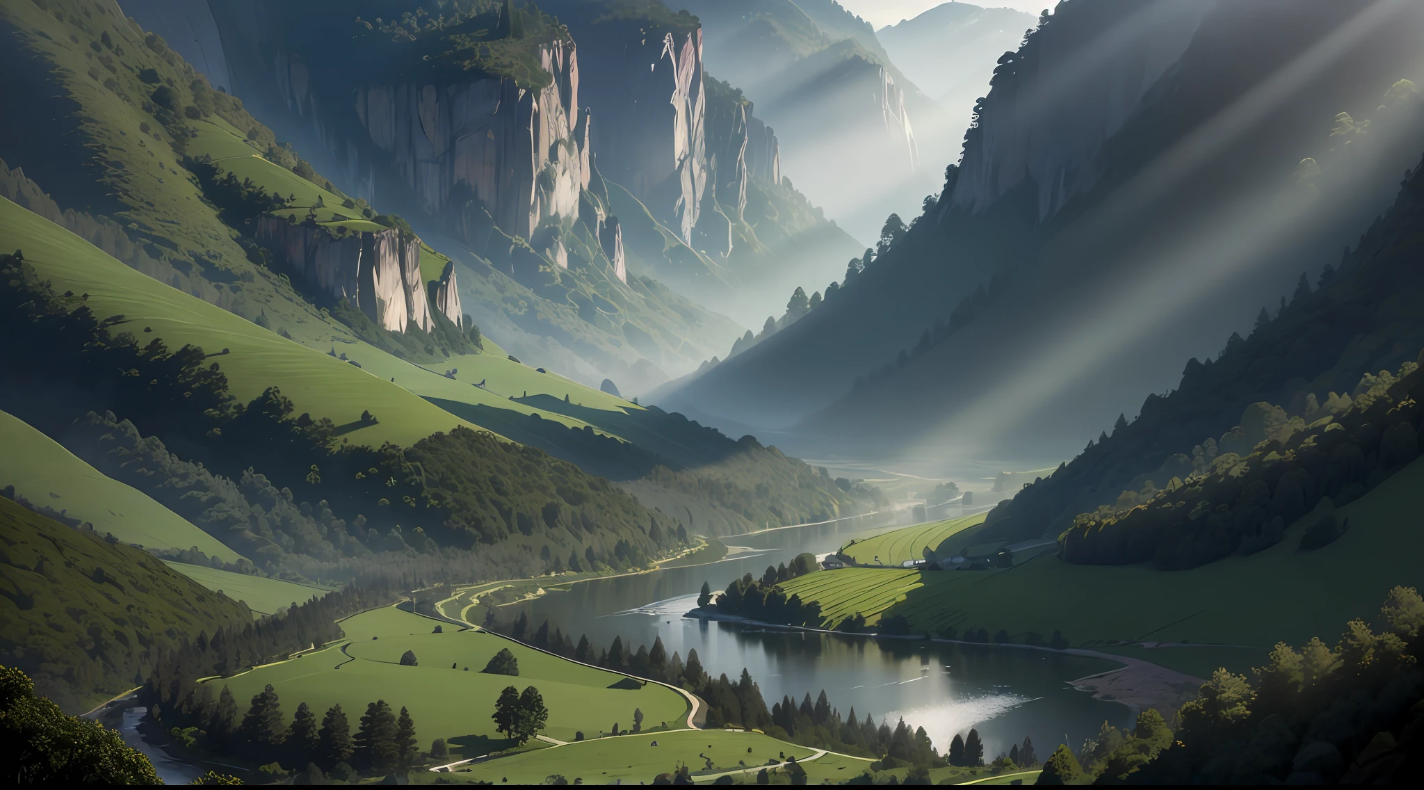 "(masterpiece), ultra-detailed, dark and moody tones, lush green valley, warm sunrays, soft rays of light, subtle gray tones."