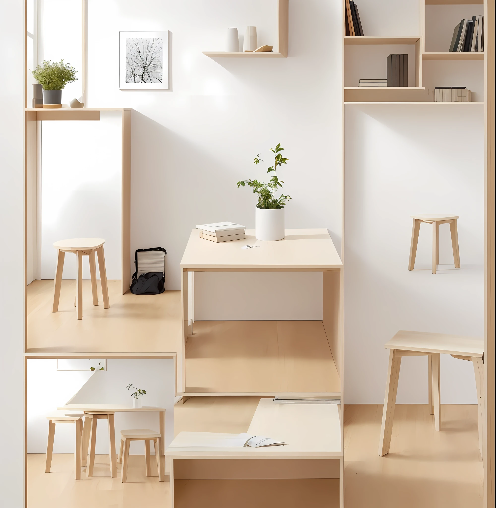 (Top Quality, 8k, Masterpiece: 1.3, Minimalistic, Studio Photo Setting, 1 image contain 8 iterations. 8 style of designs in 1 pic, Ultra crisp clear, Ultra super Refined, Unique Wooden Furniture, , White Background: Flat, No Wrinkles, No Shadows, Artwork: Center, Horizontal, Distance and Angle Adjustment, Lighting: Uniform, Accurate, No Overexposure or Reflection, Camera: Low ISO, F8-F11 Aperture, 1/60-1/125 Shutter Speed, Auto or White Balance, Very minimal and simple settings. With a minimalist style, it often surprises and delights viewers. I believe that it makes every day very interesting and rich. That's why designs that evoke these feelings observe everyday objects and situations with curious and fresh eyes and try to find new ways to reinterpret or enhance. Using CNC cut out technique for being able to build furniture from flat pack or simple knock down style or easy to build and go style as an approach for designing to Generate the following series of furnitures containing Shelving unit, clothes hanger, Side Table, Cabinet, Light weight wooden 棚, Stools etc : The Stool is made of high-quality birch plywood, coated with veneer. The stool has most prominent features are elegance and durability. It’s easy to assemble&disassemble and transport.