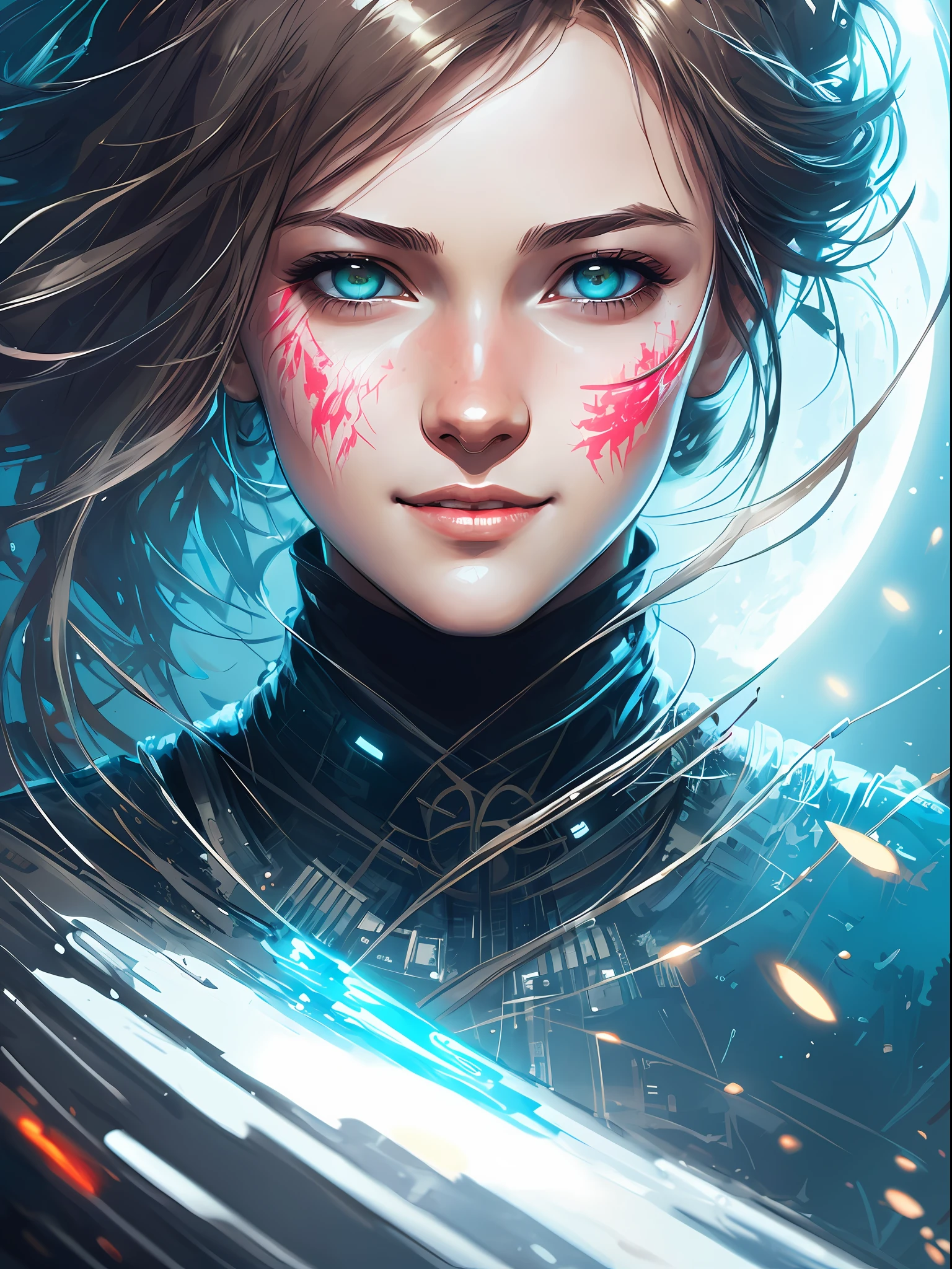 happy girl, centered, looking at the camera, approaching perfection, dynamic, moonlight, highly detailed, digital painting, art station, concept art, smooth, sharp focus, illustration, art by Carne Griffiths and Wadim Kashin, detailed face, 4k