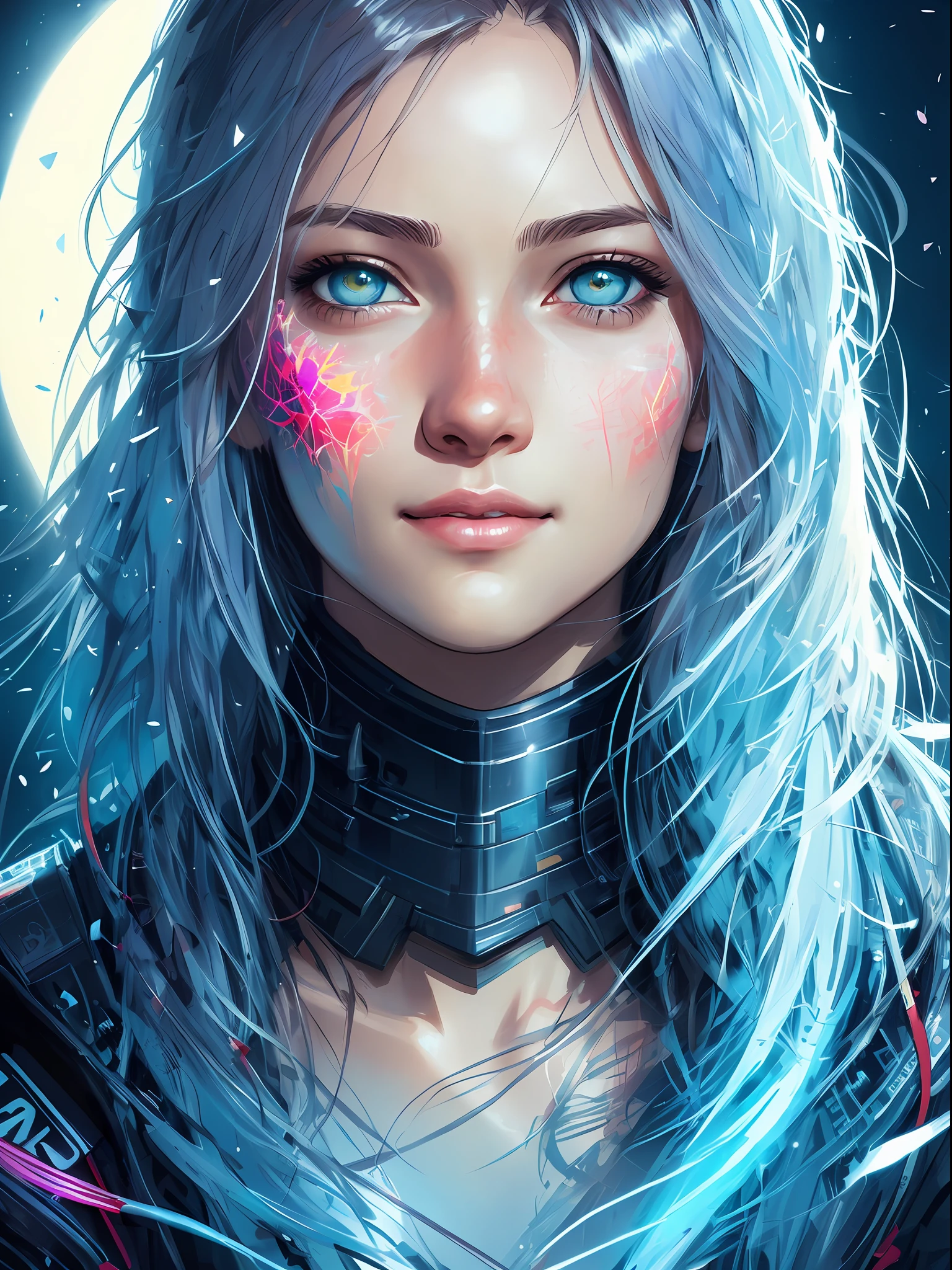 happy girl, centered, looking at the camera, approaching perfection, dynamic, moonlight, highly detailed, digital painting, art station, concept art, smooth, sharp focus, illustration, art by Carne Griffiths and Wadim Kashin, detailed face, 4k
