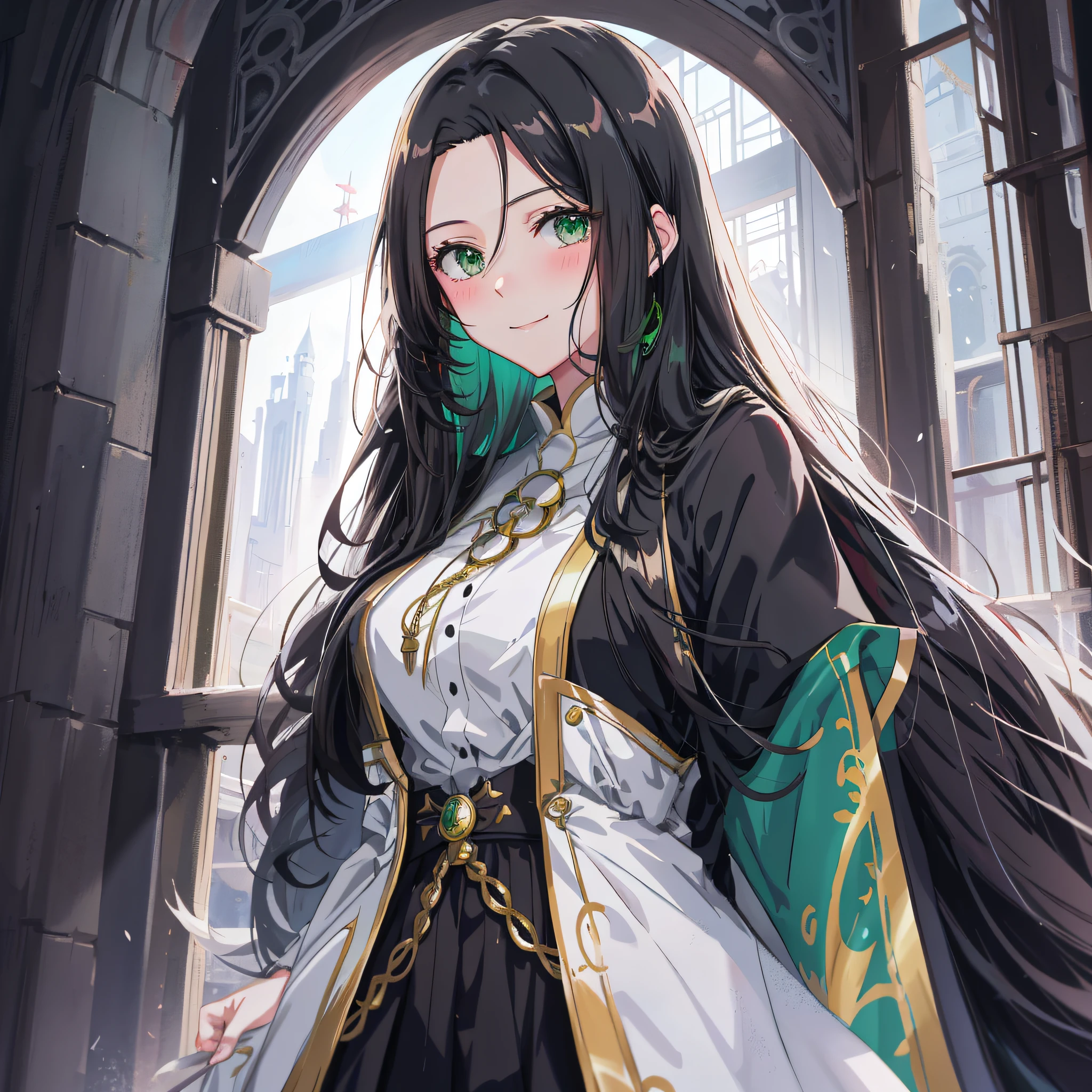 anime girl with long black hair and green eyes in a white dress, anime girl with long hair, beautiful anime portrait, portrait knights of zodiac girl, demon slayer rui fanart, highly detailed exquisite fanart, in a cloak with long hairs, palace , a girl in hanfu, marin kitagawa fanart, beautiful anime girl, portrait anime girl, black - haired mage, gentle eyes, blushing cheeks, light smile, green eyes