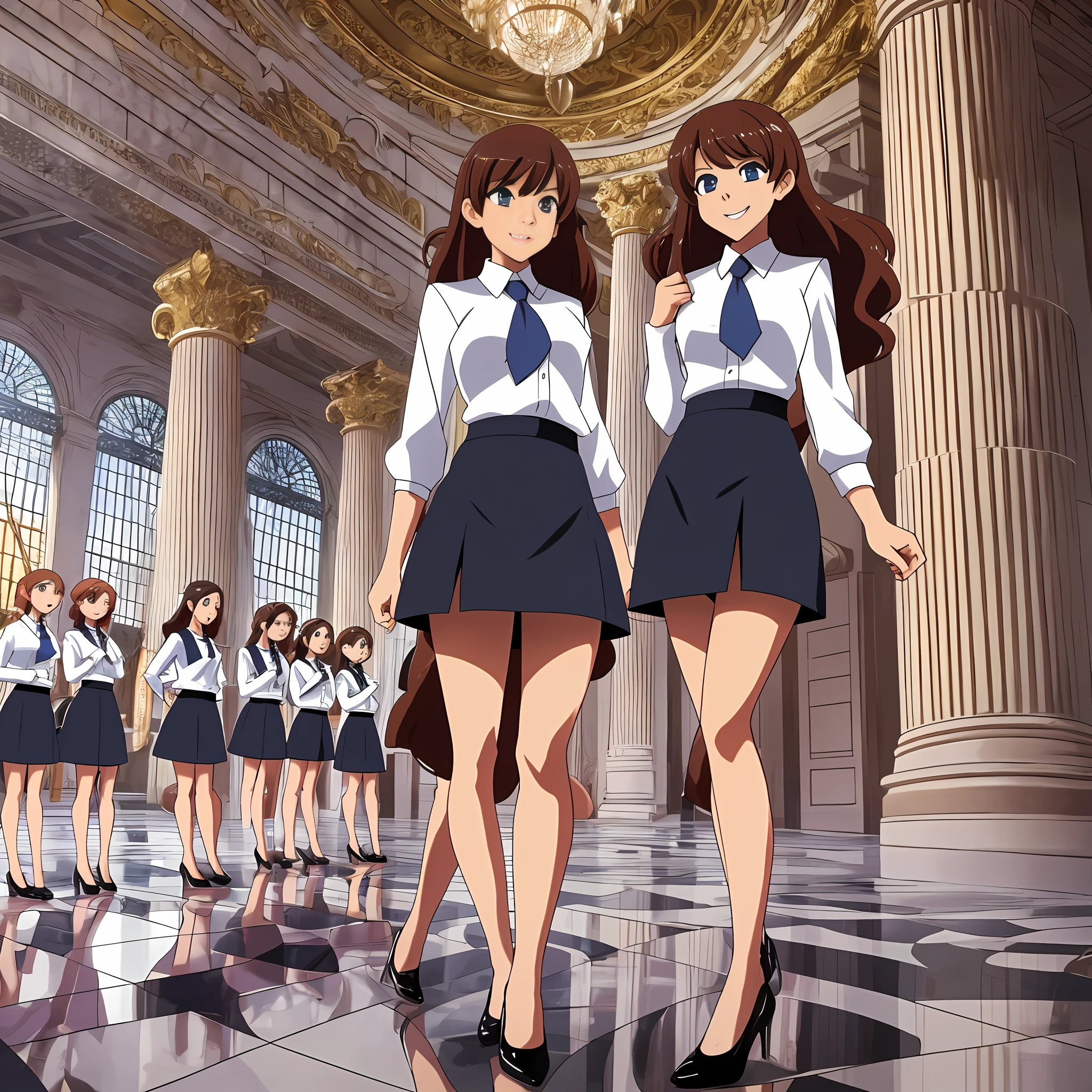 perfect anime illustration, multiple girls, thousands of girls, millions of girls, clones, identical sisters, brown hair, curly hair, long hair, matching hairstyle, hazel eyes, smiling, white skin, business attire, blue skirt suit, pencil skirt, black high heels, matching outfits, businesswomen, highres, office, full body, bare legs, neat rows of sisters, neat columns of sisters, sisters standing in formation, sisters in background