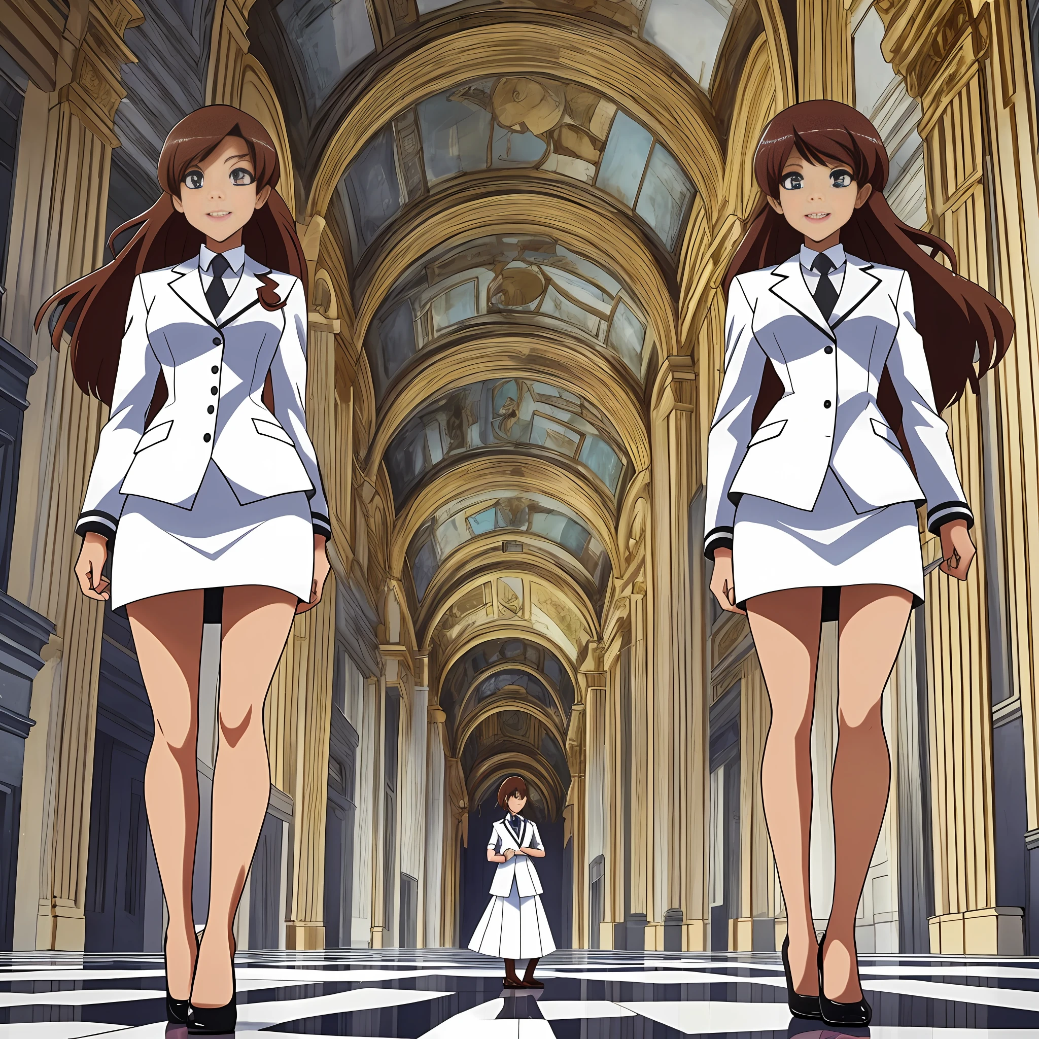 perfect anime illustration, multiple girls, thousands of girls, millions of girls, clones, identical sisters, brown hair, curly hair, long hair, matching hairstyle, hazel eyes, smiling, white skin, business attire, blue skirt suit, pencil skirt, black high heels, matching outfits, businesswomen, highres, office, full body, bare legs, neat rows of sisters, neat columns of sisters, sisters standing in formation, sisters in background