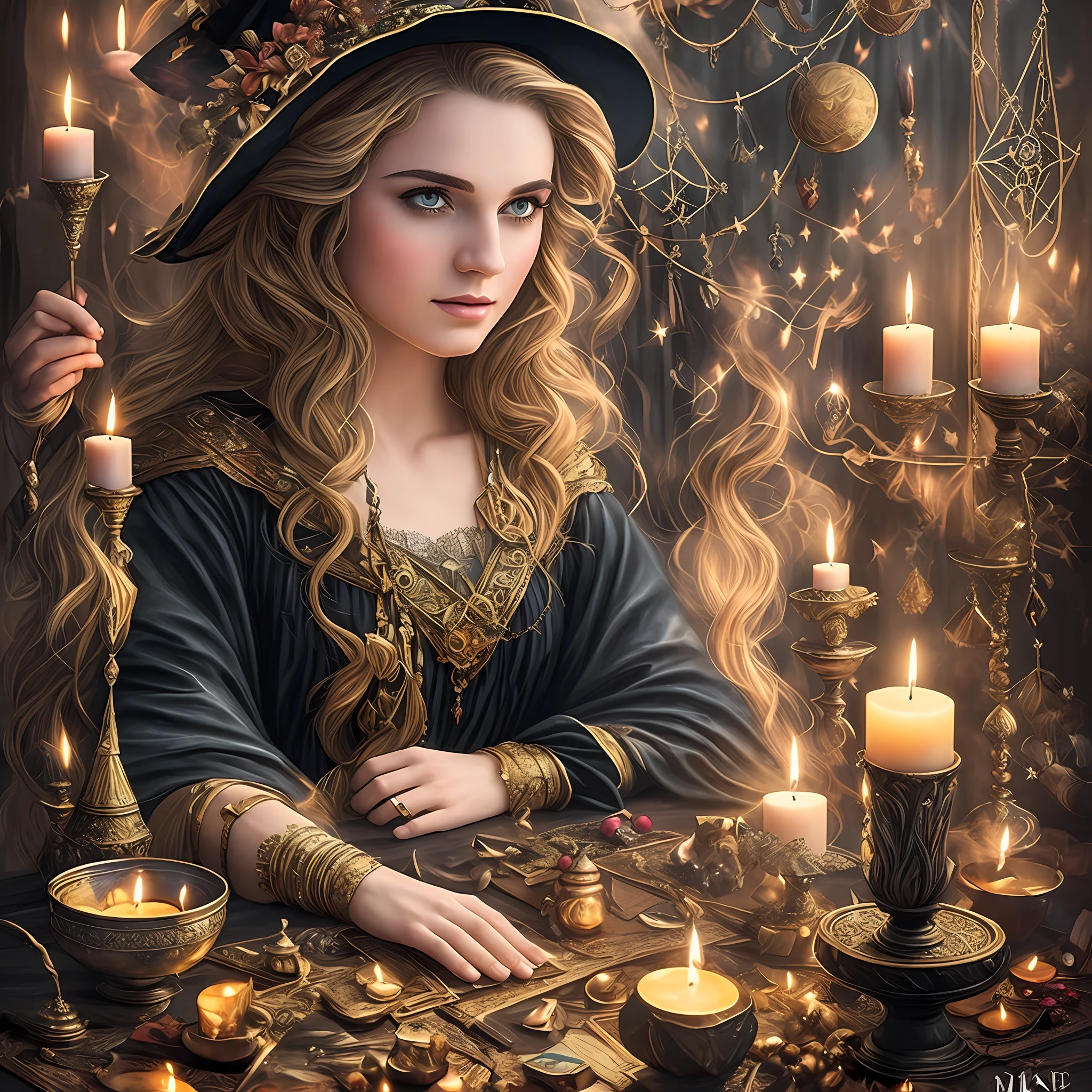 ((Masterpiece)), 8k, Witch making Magic, candles, magical, tarot cards, crystals (Priority: 1.5)