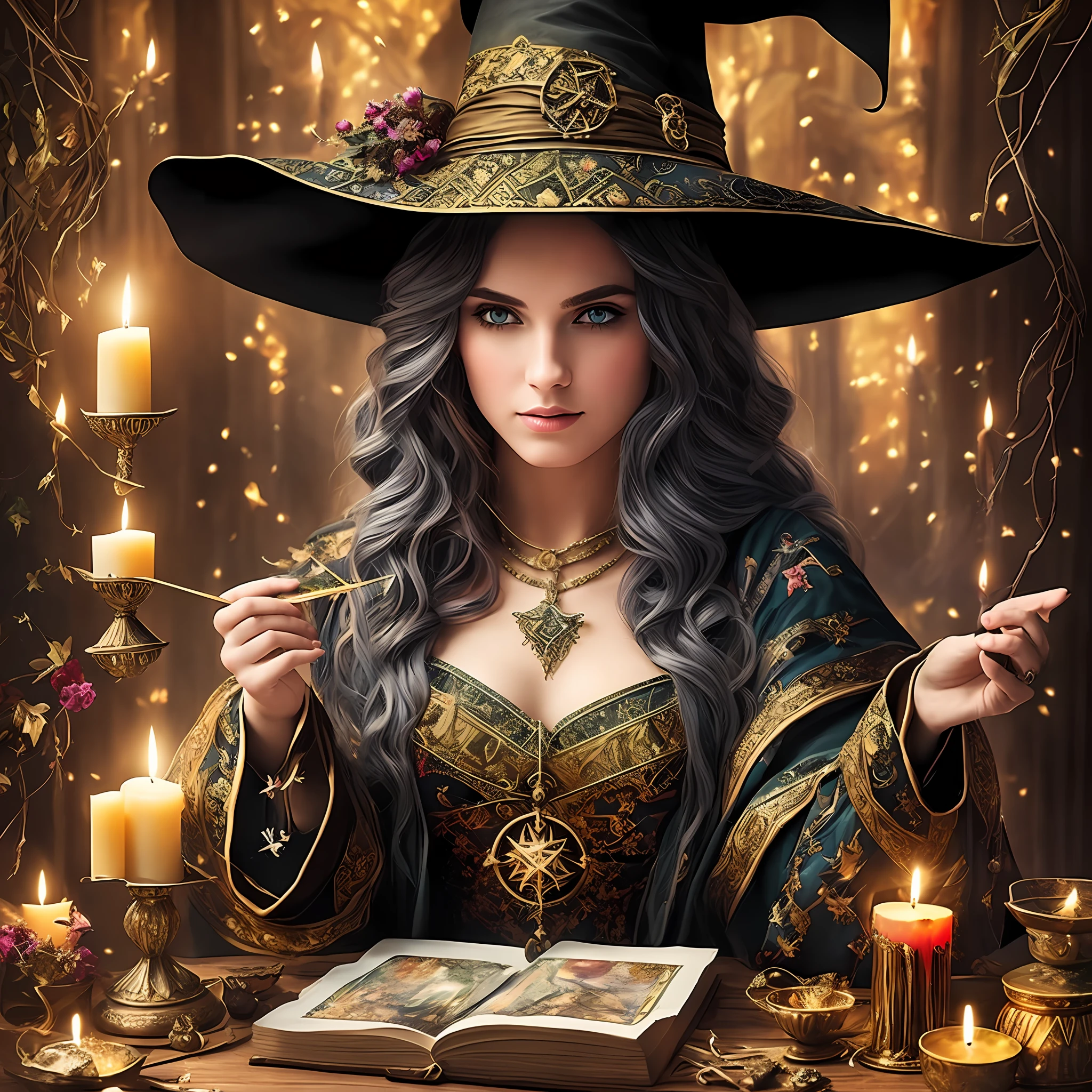 ((Masterpiece)), 8k, Witch making Magic, candles, magical, tarot cards, crystals (Priority: 1.5)