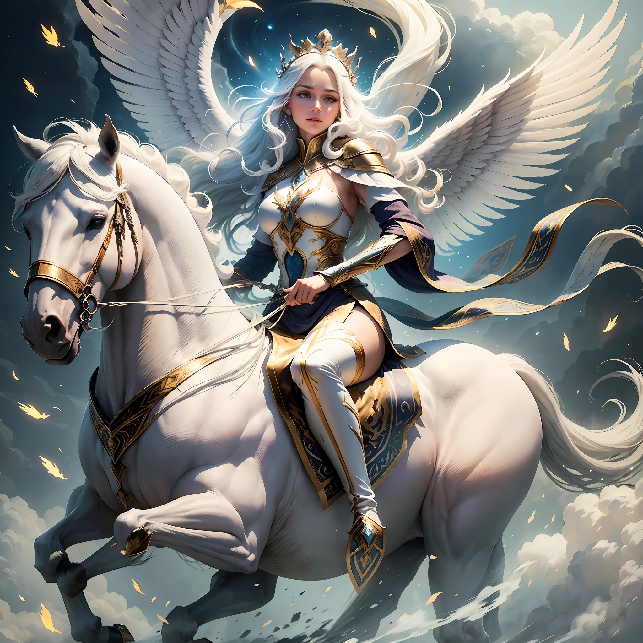 The image shows a determined queen of elves riding atop a magnificent white winged stallion through the bright, white sky. The queen's long, flowing hair glows in the sunlight as she utilizes her incredible power to shape flames with her bare hands. The stallion's wings stretch out majestically behind them as they soar through the clouds, leaving a trail of white mist in their wake. The overall effect is one of strength, power, and magic, as the queen confidently and fearlessly rides through the sky, reigning over her kingdom of elves below.