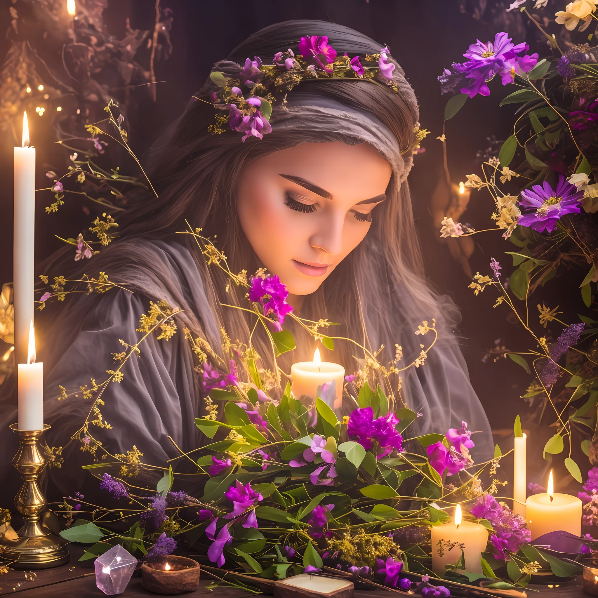 Witch making Magic, candles, magical, 8k, tarocards,crystals, flowers