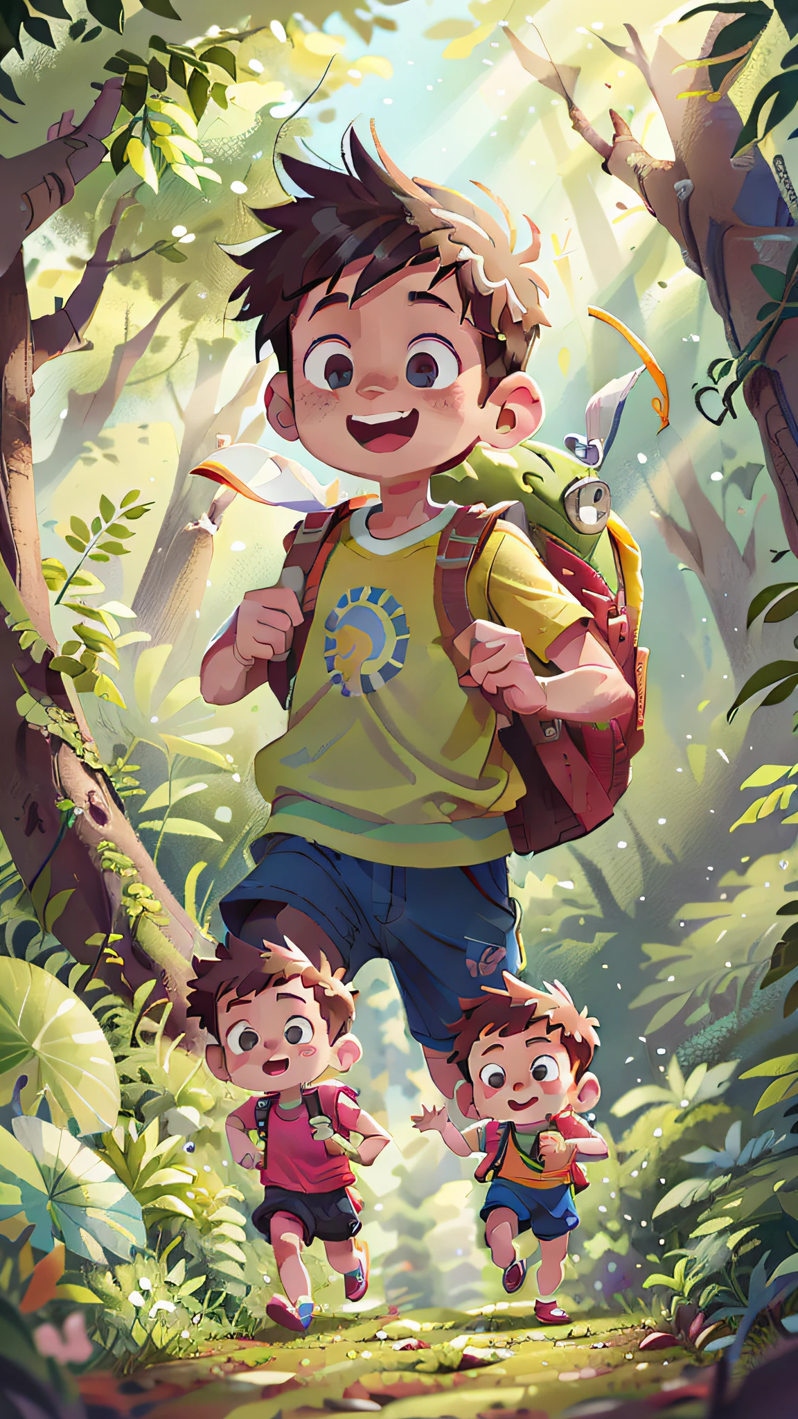 (SFW), two running boys, spring outing, happy, backpack on back, forest in the background, perfect quality, clear focus, colorful, perfect face, intricate details, ultra-low viewing angle, wide angle lens