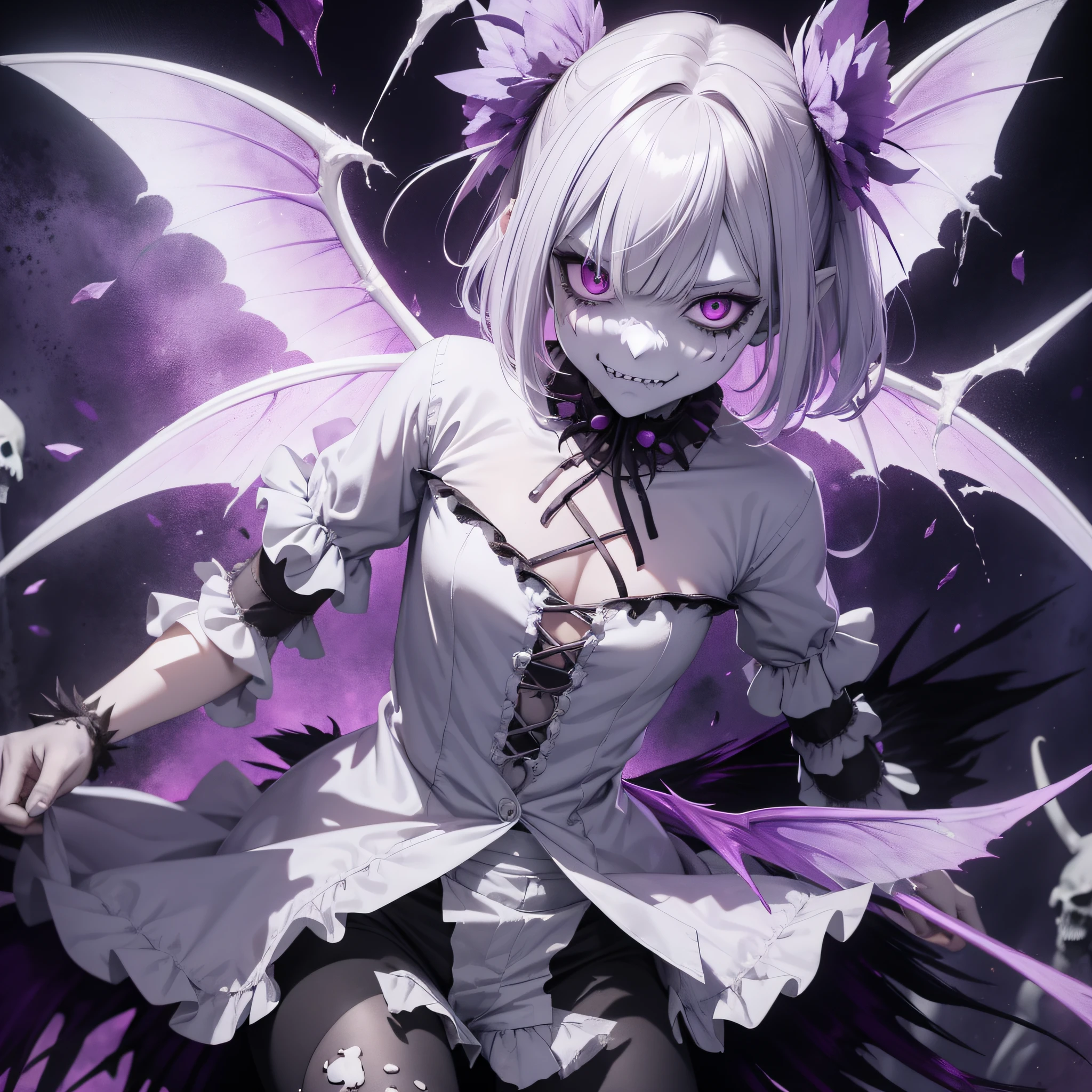 Ghoul Fairy, Bone fairy wings, purple-grey zombie-like skin, shirt with holes, shreded pants, fangs, dead eyes, a hungry look upon their face, masterpiece, best quality