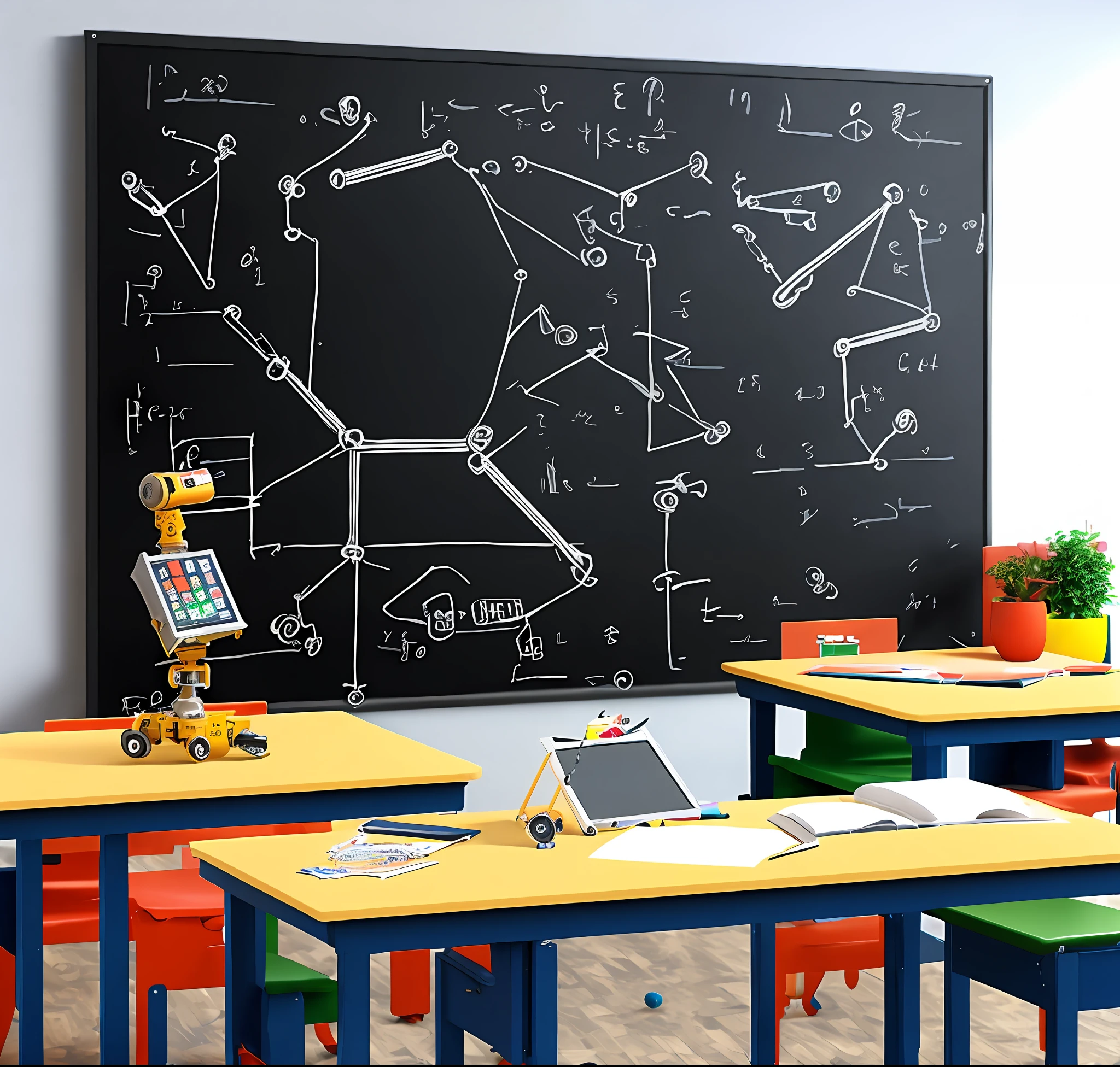 Masterpiece, best quality, school, classroom, physics books table, big blackboard, robotics