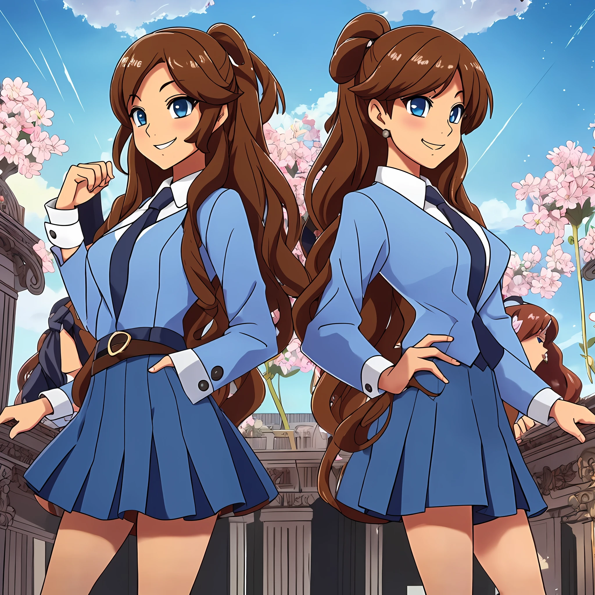 perfect anime illustration, multiple girls, thousands of girls, millions of girls, clones, identical sisters, brown hair, curly hair, long hair, matching hairstyle, hazel eyes, smiling, business attire, blue skirt suit, pencil skirt, black high heels, matching outfits, businesswomen, highres, office, full body, bare legs, neat rows of sisters, neat columns of sisters, sisters standing in formation, sisters in background