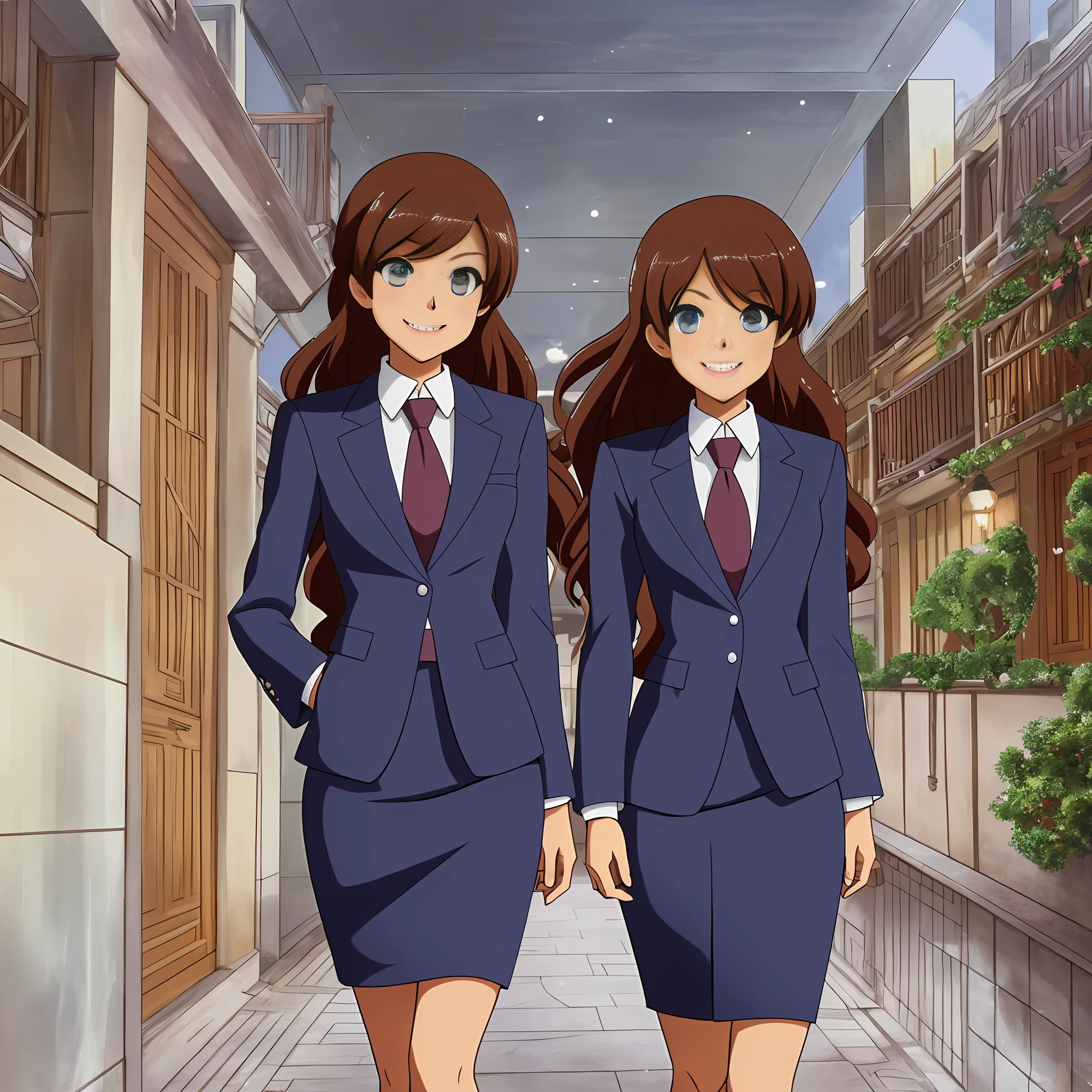 perfect anime illustration, multiple girls, thousands of girls, millions of girls, clones, identical sisters, brown hair, curly hair, long hair, matching hairstyle, hazel eyes, smiling, business attire, blue skirt suit, pencil skirt, black high heels, matching outfits, businesswomen, highres, office, full body, bare legs, neat rows of sisters, neat columns of sisters, sisters standing in formation, sisters in background