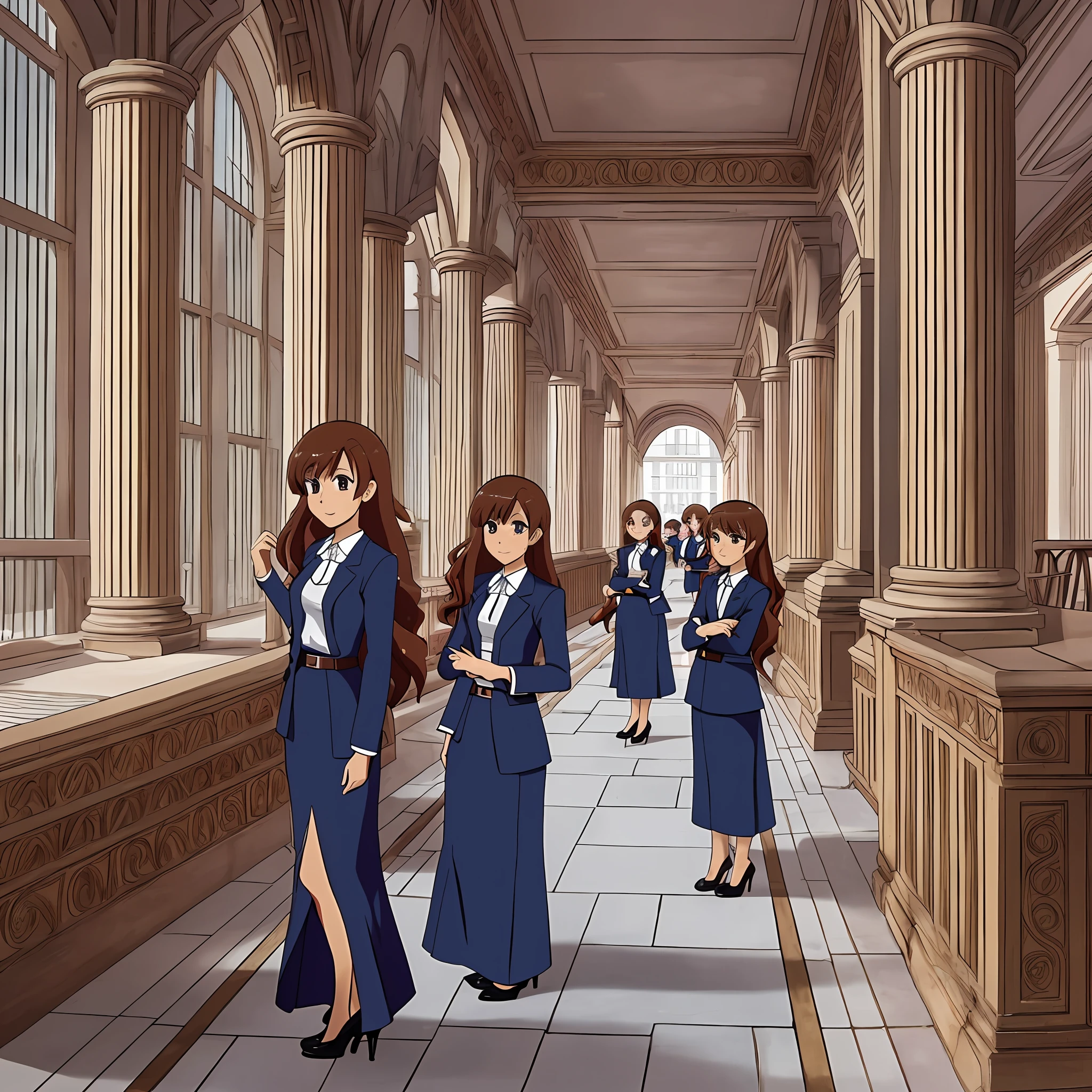 perfect anime illustration, multiple girls, thousands of girls, millions of girls, clones, identical sisters, brown hair, curly hair, long hair, matching hairstyle, hazel eyes, smiling, business attire, blue skirt suit, pencil skirt, black high heels, matching outfits, businesswomen, highres, office, full body, bare legs, neat rows of sisters, neat columns of sisters, sisters standing in formation, sisters in background