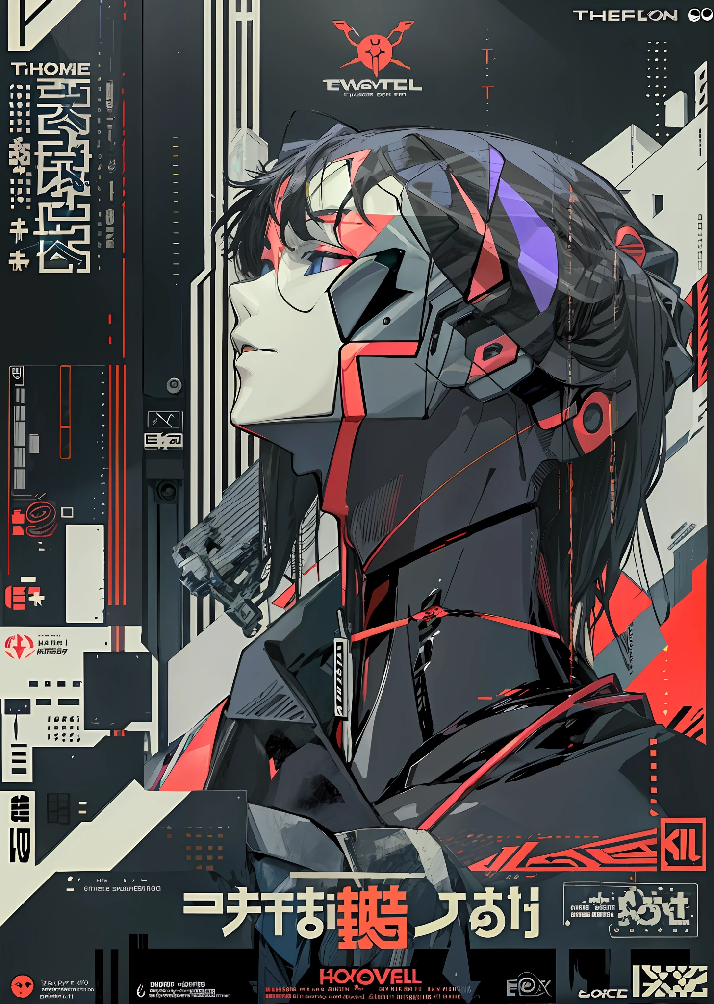 poster, ((evangelion, robot, statue, text, chrome logo, logos,))