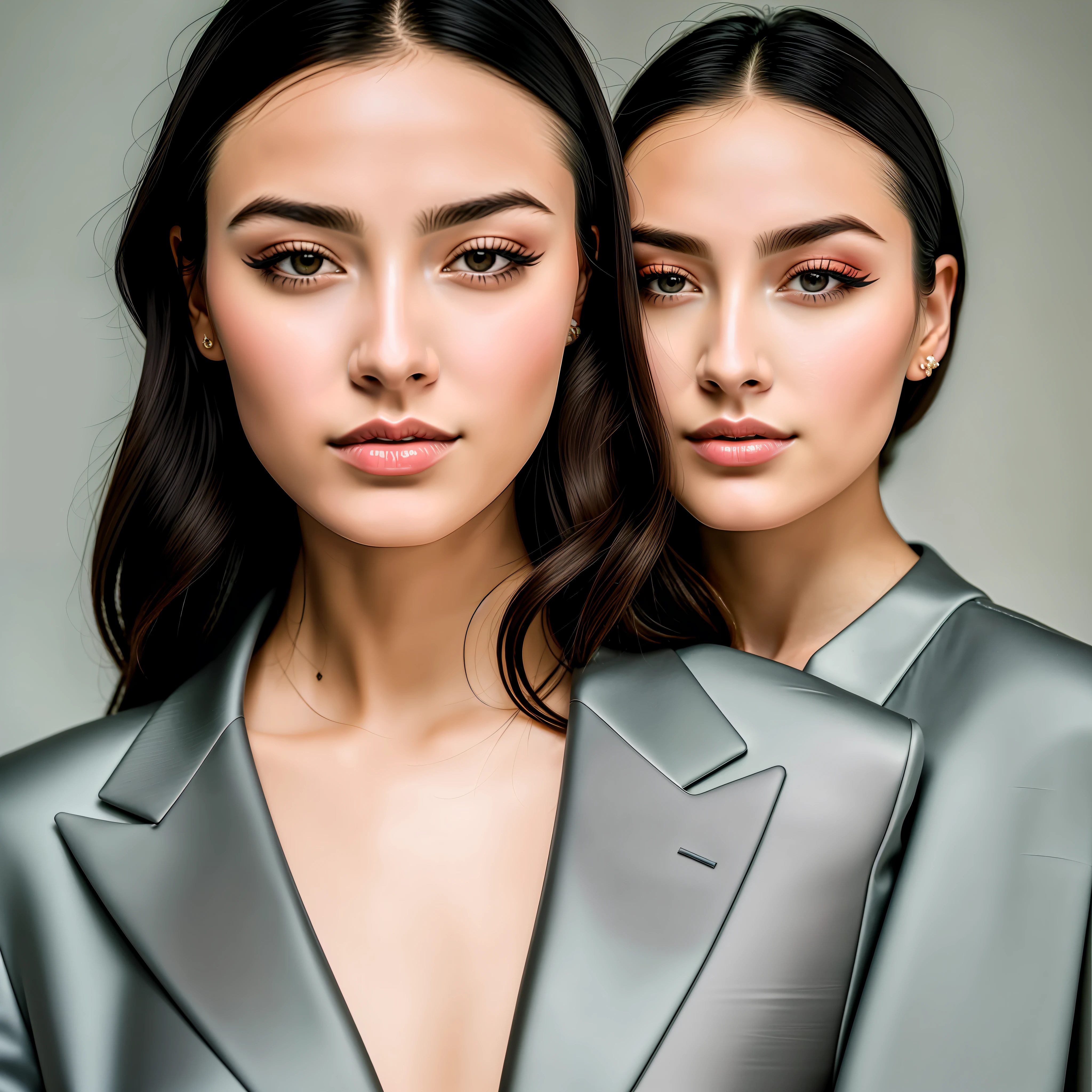 RAW, style, full body photo, instagram post, 1girl, young and beautiful woman with striking features wearing a balenciaga fashion outfit. Please pay close attention to details, such as highlights and shadows on your face and hair, to create a realistic and realistic image. Try different lighting techniques to improve the mood and atmosphere of the portrait. The final product should be a masterpiece that captures the essence and beauty of the woman and her modern clothing, ((highly detailed skin, skin details)), sharp focus, volumetric mist, 8k UHD, DSLR, high quality, film grain, Fujifilm XT3