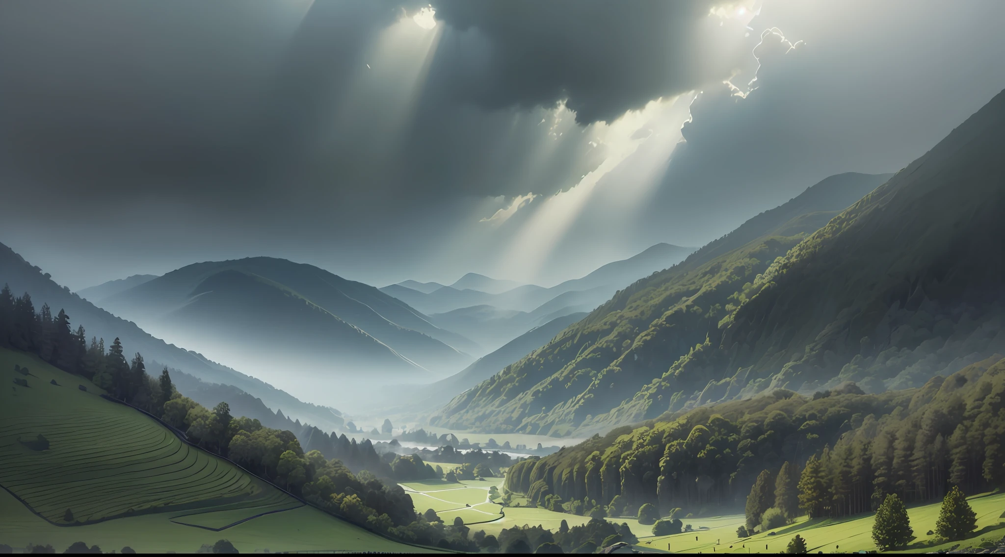 "(masterpiece), ultra-detailed, dark and moody tones, lush green valley, warm sunrays, soft rays of light, subtle gray tones."