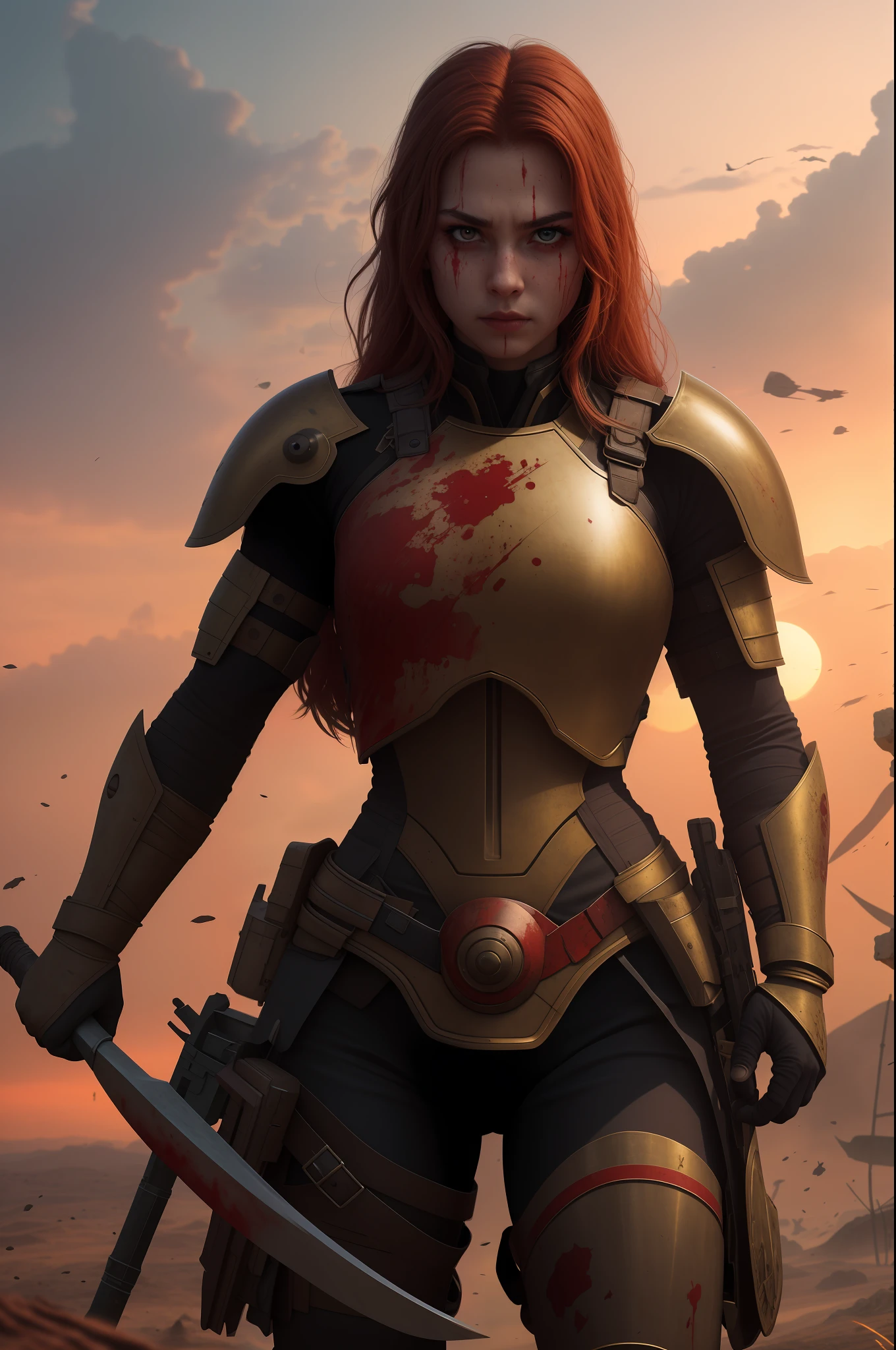 best quality, 8k uhd, dslr, soft lighting, high quality, volumetric lighting,1girl,upper body, wh_chi_armor,(bloodshot eyes),furious,fight stance, holding spear,spear,armor dress,heroic,blood on face, blood on clothes,flying blood,battlefield,red flags,smoke,sunset,