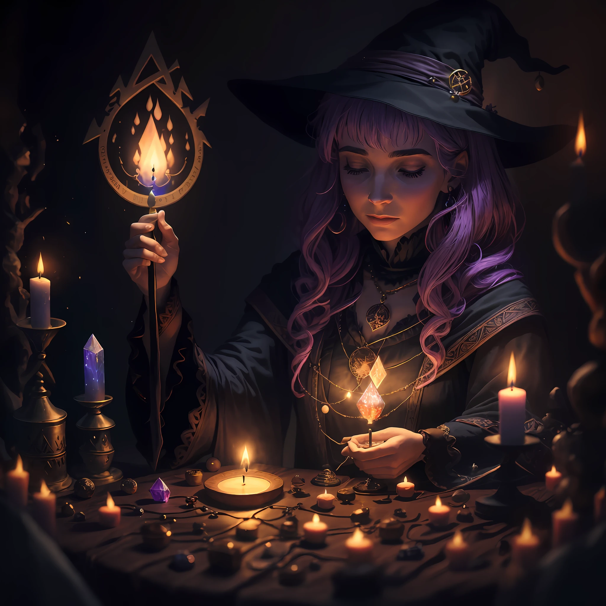Witch making Magic, candles, magical, 8k, tarot cards,crystals,coruja