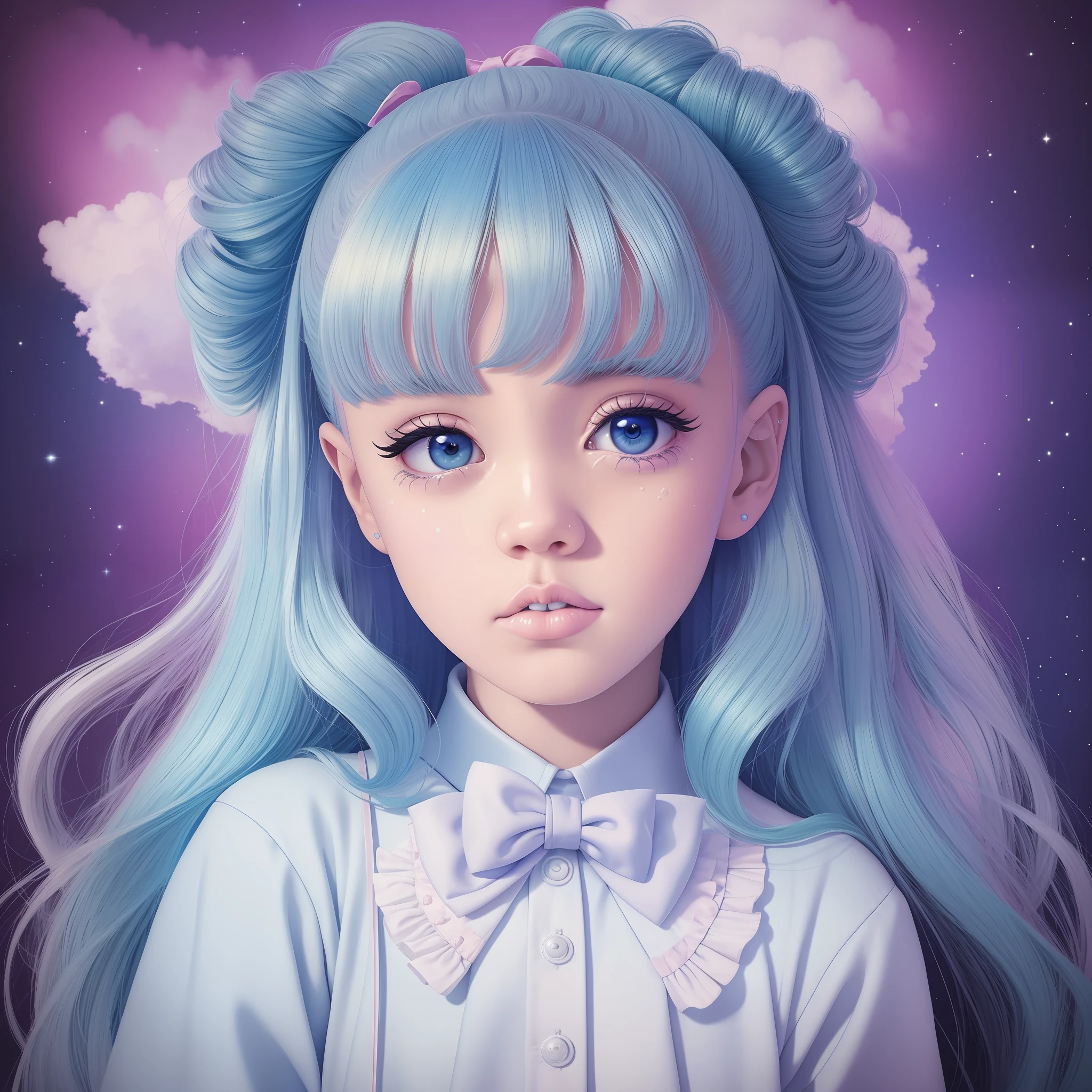 image of a woman sitting on a cloud with the word Cry Baby, Melanie Martinez, Grimes - Book 1 album cover, crying, alternate album cover, album cover!, crybernetic, crying, new album cover, album art cover, cover art, album art, album art, grimes, an album cover, colorful album art, crying big blue tears