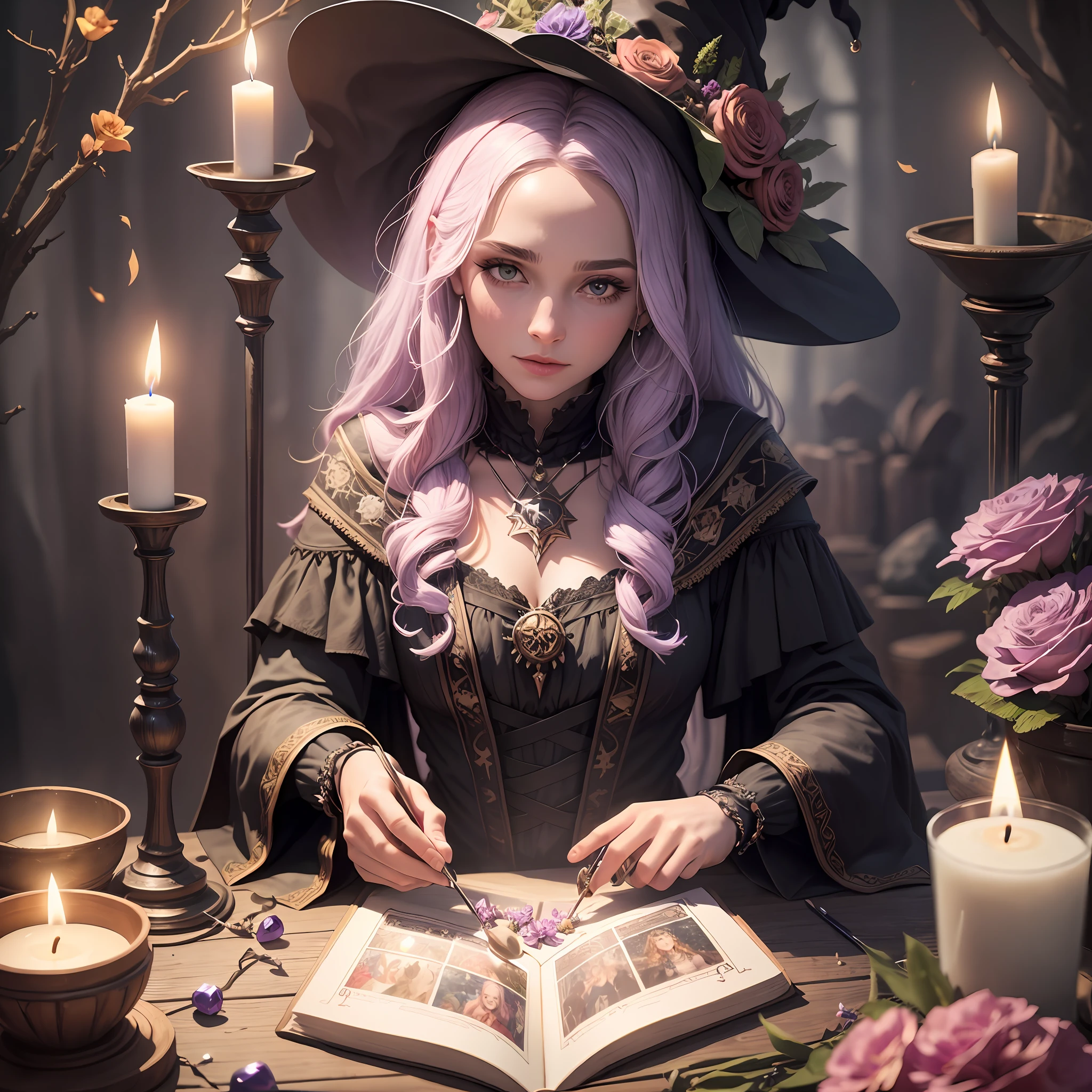 Witch making Magic, candles, magical, 8k, tarot cards,crystals,flowers
