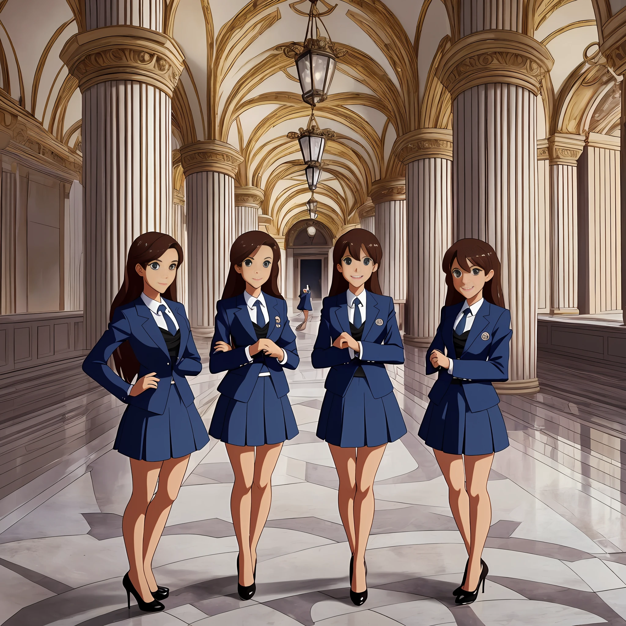 perfect anime illustration, multiple girls, thousands of girls, millions of girls, clones, identical sisters, brown hair, curly hair, long hair, matching hairstyle, hazel eyes, smiling, business attire, blue skirt suit, pencil skirt, medium skirt, black high heels, matching outfits, businesswomen, highres, office, full body, bare legs, neat rows of sisters, neat columns of sisters, sisters standing in formation, sisters in background