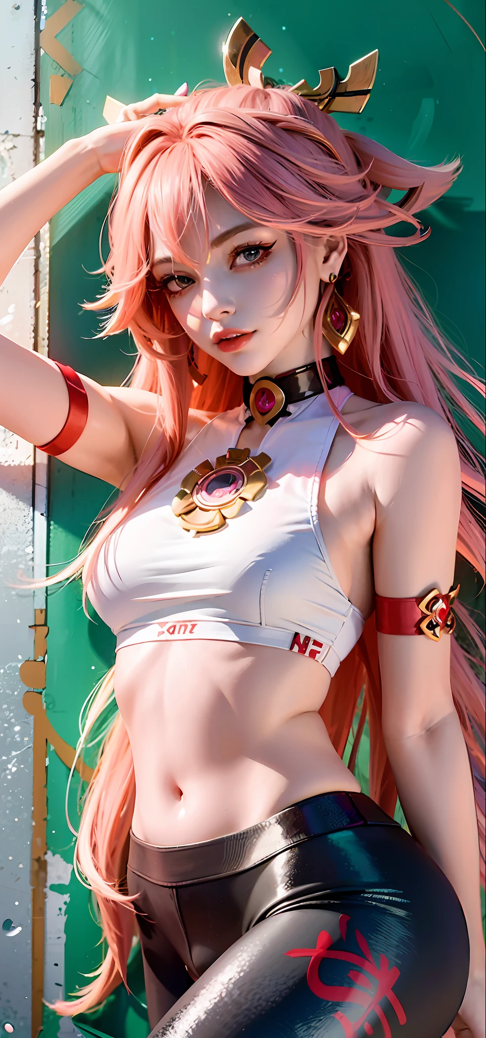 (Masterpiece, Excellent, 1girl, solo, complex details, color difference), realism, ((medium breath)), off-the-shoulder, Yae Miko, long pink hair, red headdress, red highlight, hair above one eye, green eyes, earrings, sharp eyes, perfectly symmetrical figure, choker, neon shirt, against the wall, brick wall, graffiti, dim lights, alley, looking at the audience, ((mean, seductive, charming)), yoga pants,